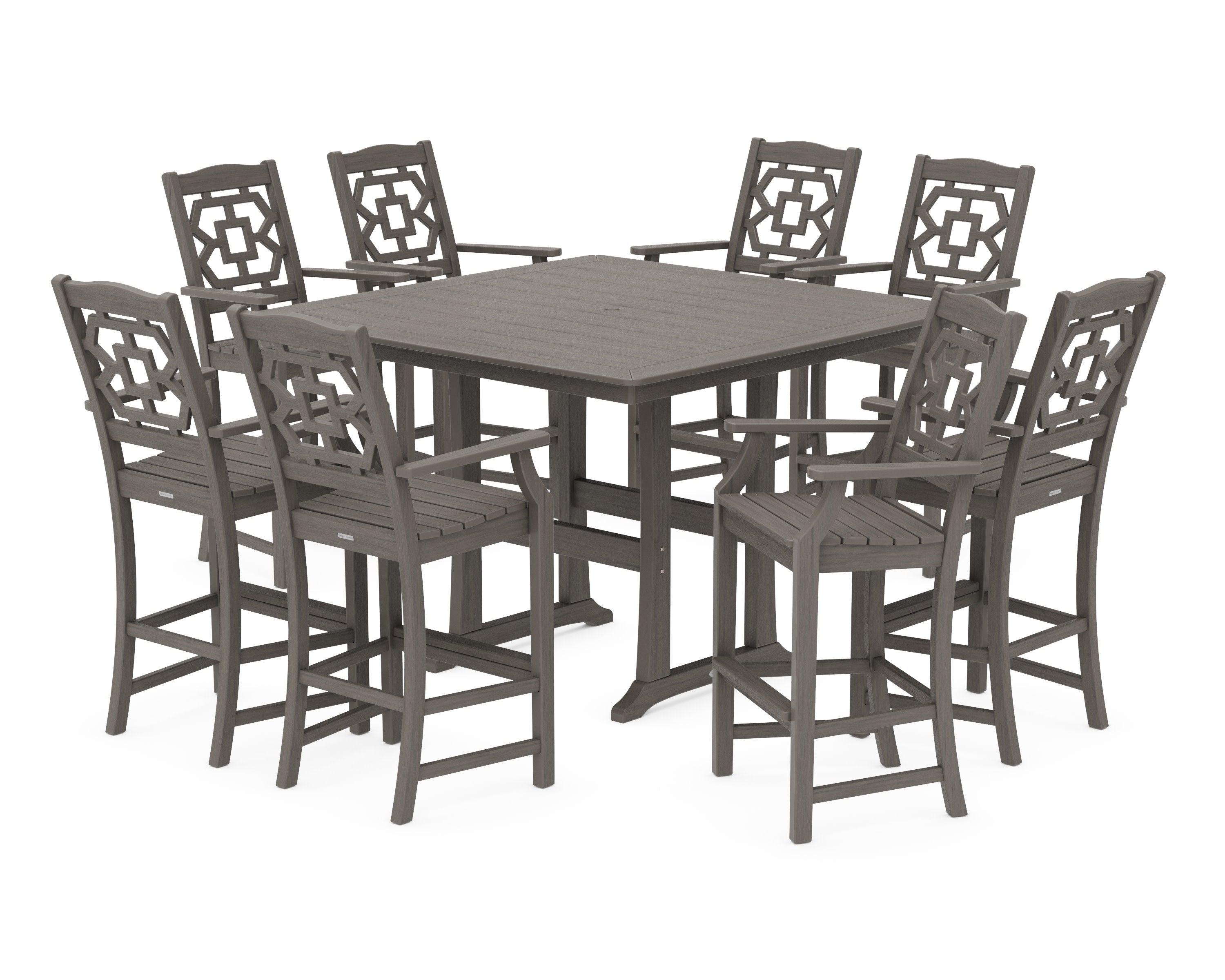 Chinoiserie 9-Piece Square Side Chair Bar Set with Trestle Legs in Driftwood