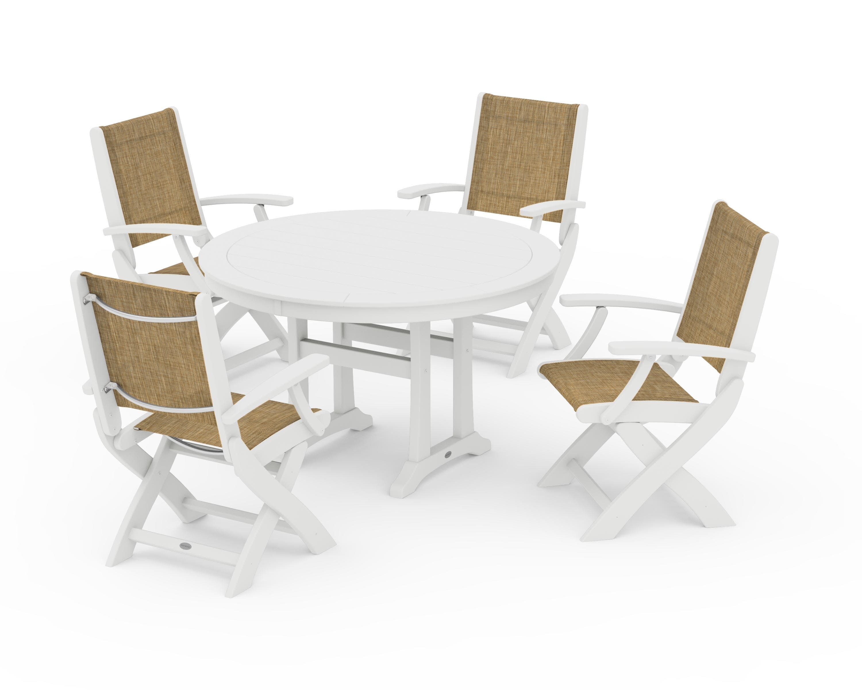Coastal Folding Chair 5-Piece Round Dining Set with Trestle Legs in White / Burlap Sling