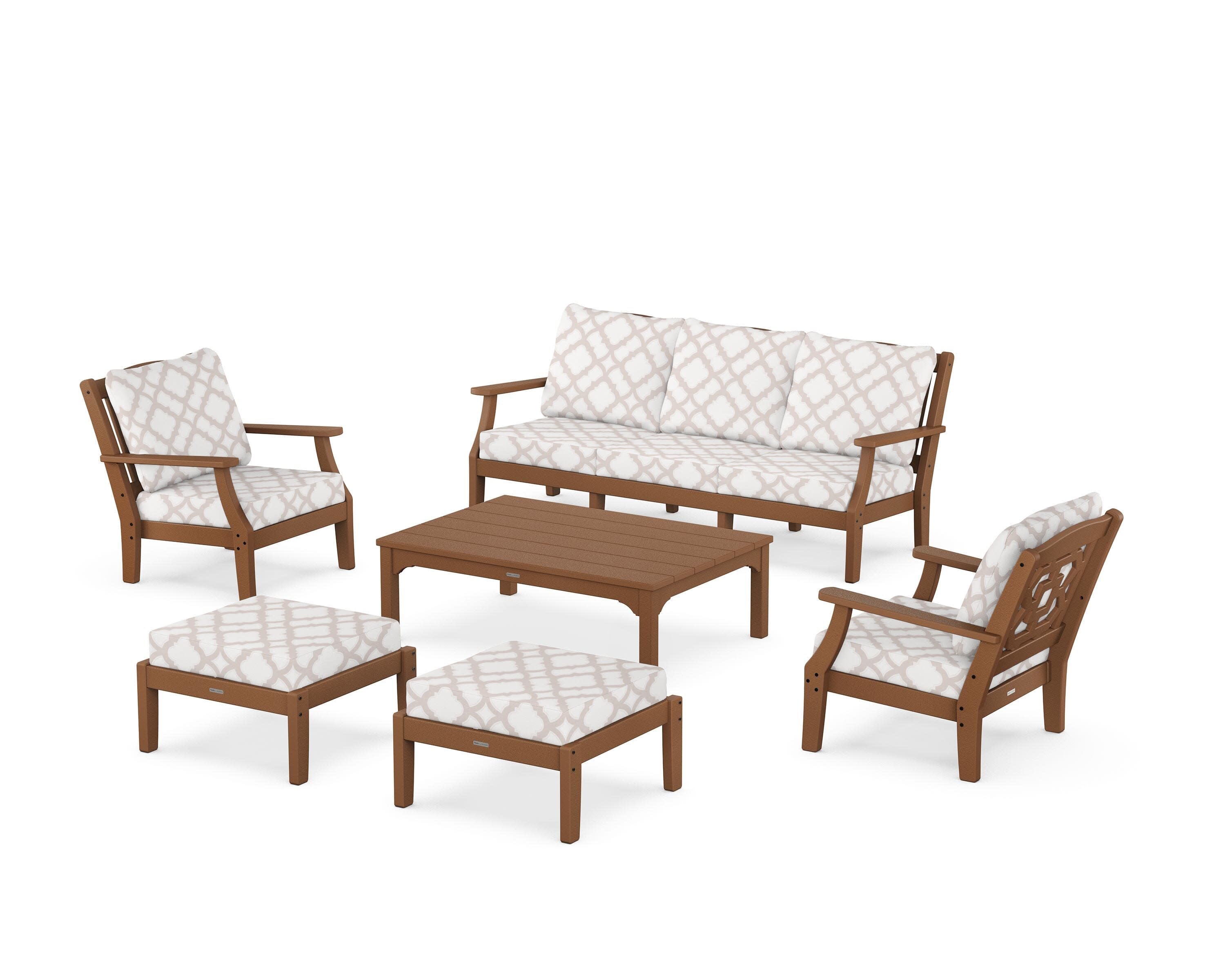 Chinoiserie 6-Piece Lounge Sofa Set in Teak / Trellis Dune Burlap
