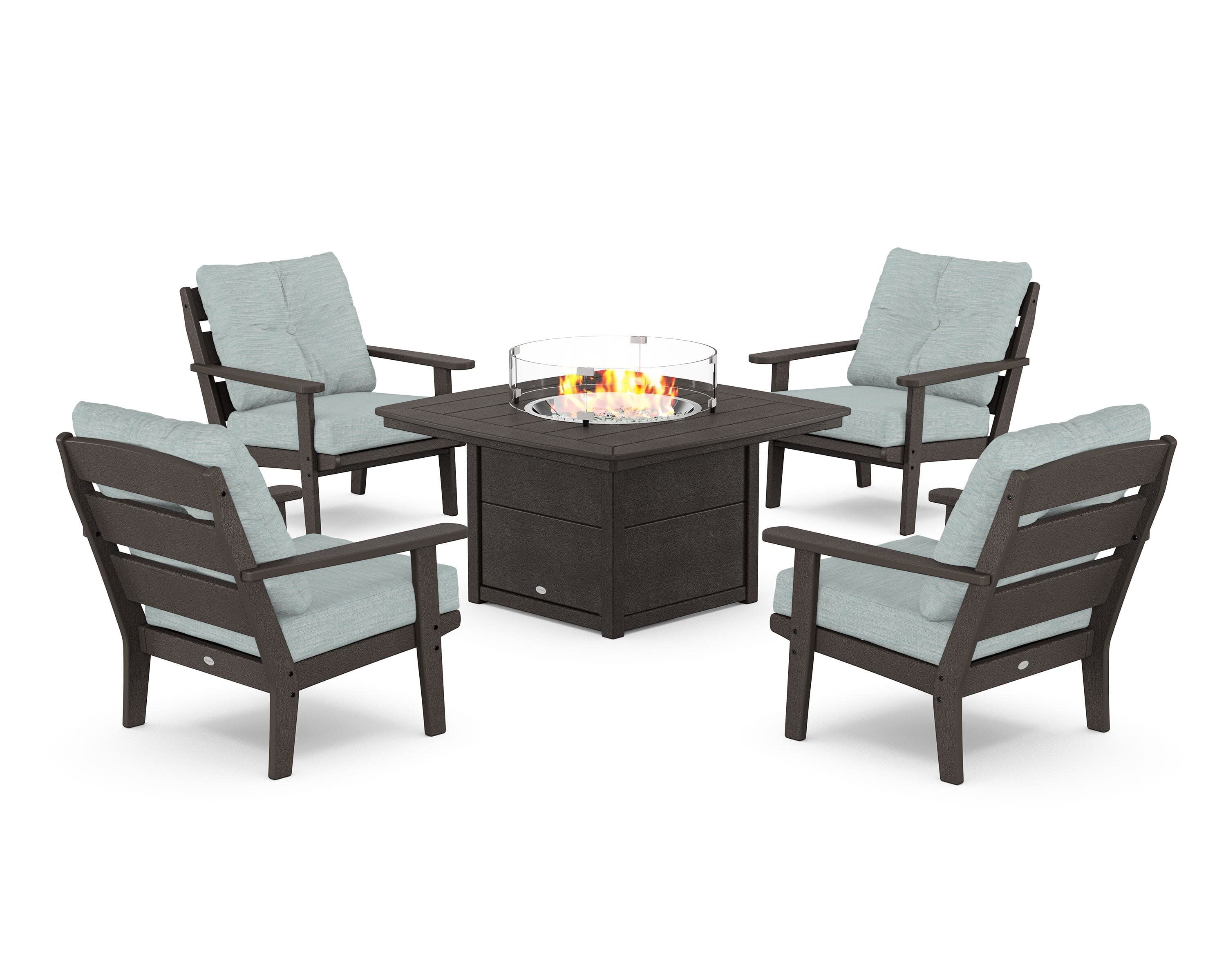 Lakeside 5-Piece Deep Seating Set with Nautical Fire Pit Table in Vintage Coffee / Soothe Mist