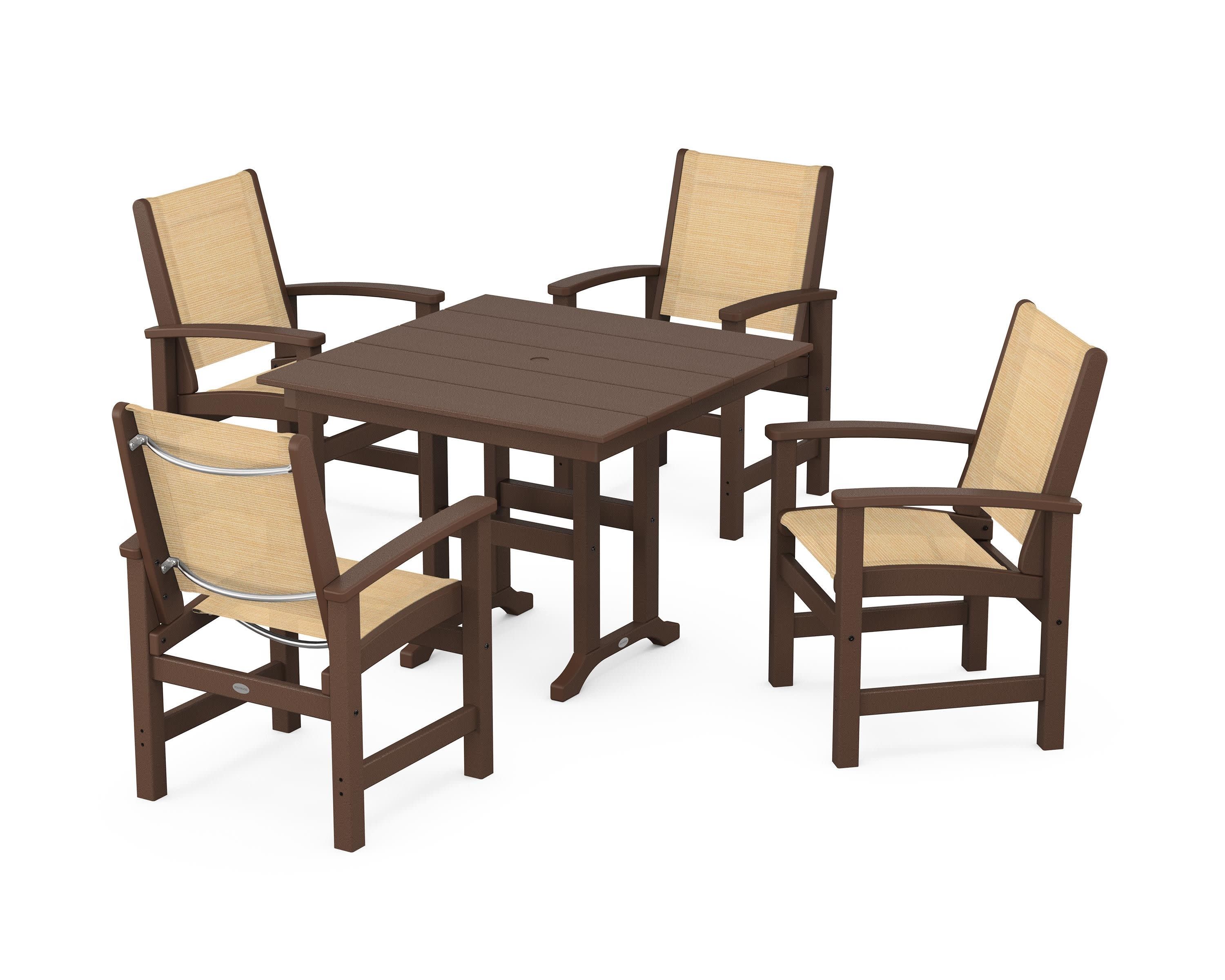 Coastal 5-Piece Farmhouse Dining Set in Mahogany / Dupioni Apricot Sling