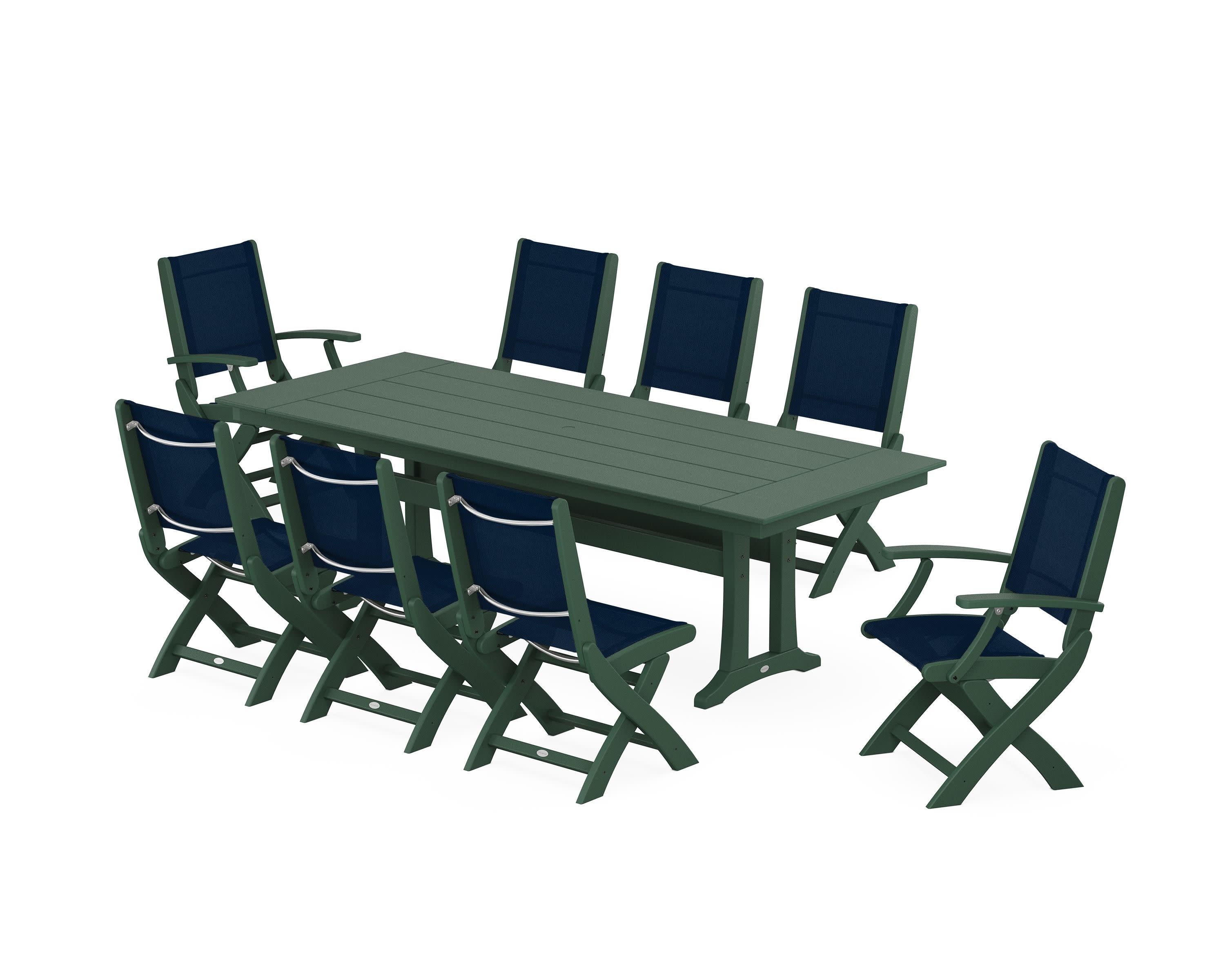 Coastal 9-Piece Folding Dining Chair Farmhouse Dining Set with Trestle Legs in Green / Navy Blue Sling