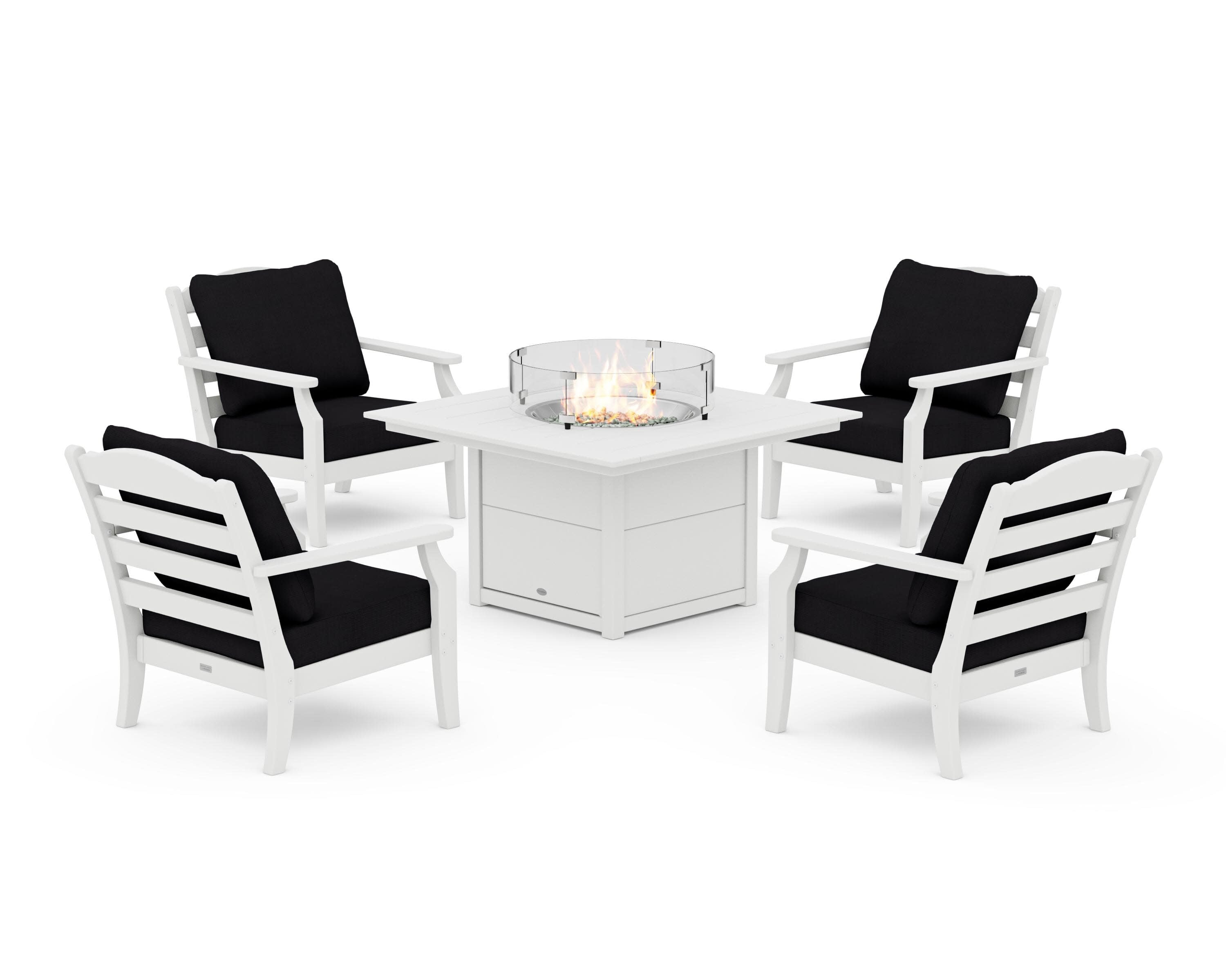 Savannah 5-Piece Deep Seating Set with Fire Pit Table in White / Midnight Linen
