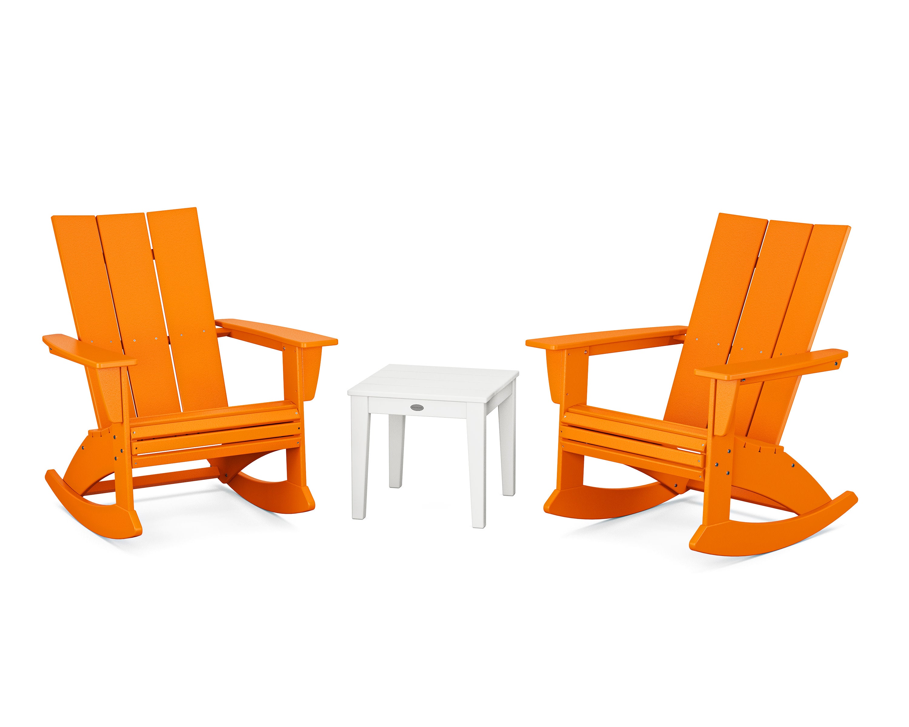 Modern Curveback 3-Piece Adirondack Rocking Chair Set in Tangerine / White