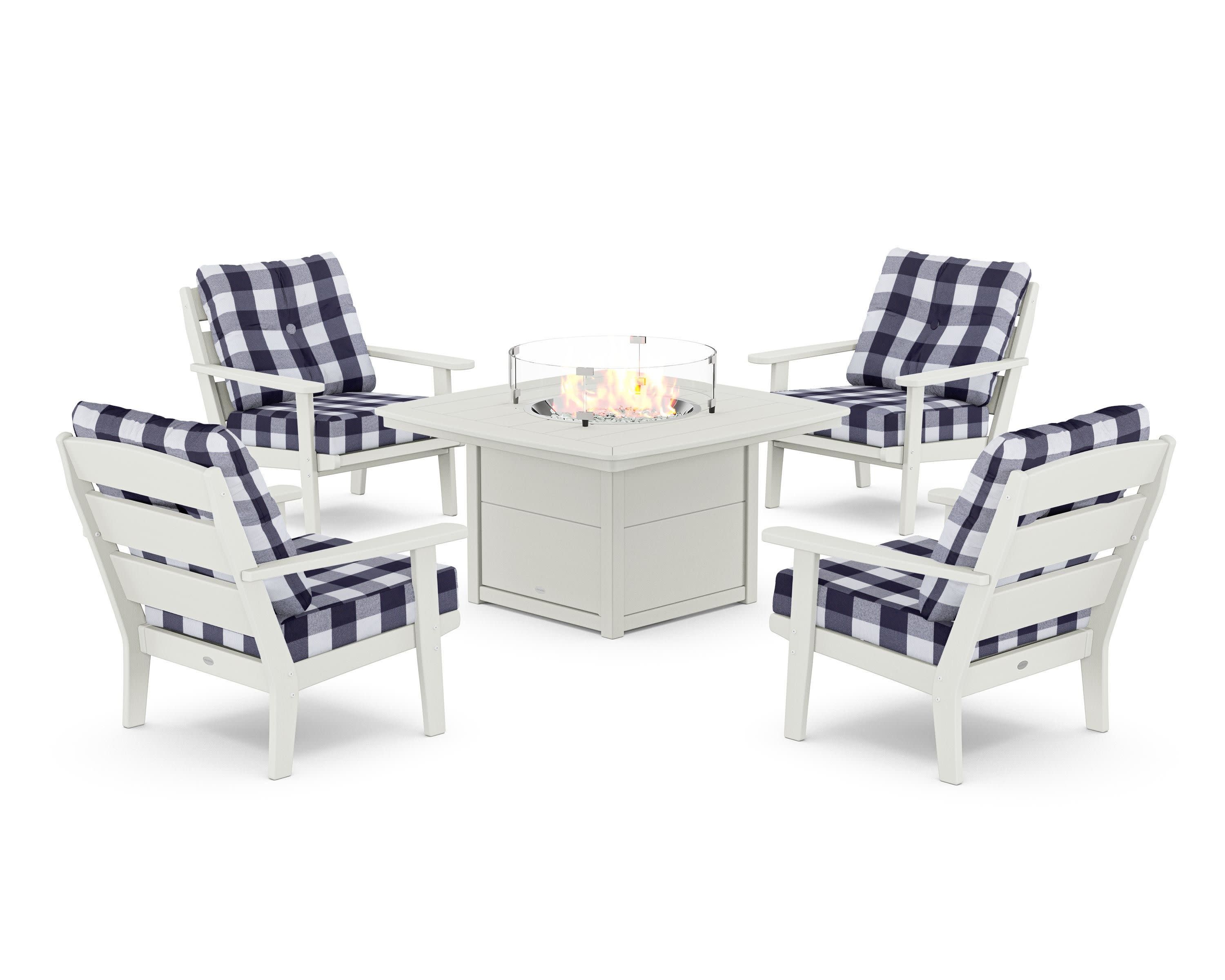 Lakeside 5-Piece Deep Seating Set with Nautical Fire Pit Table in Vintage White / Buffalo Plaid Navy