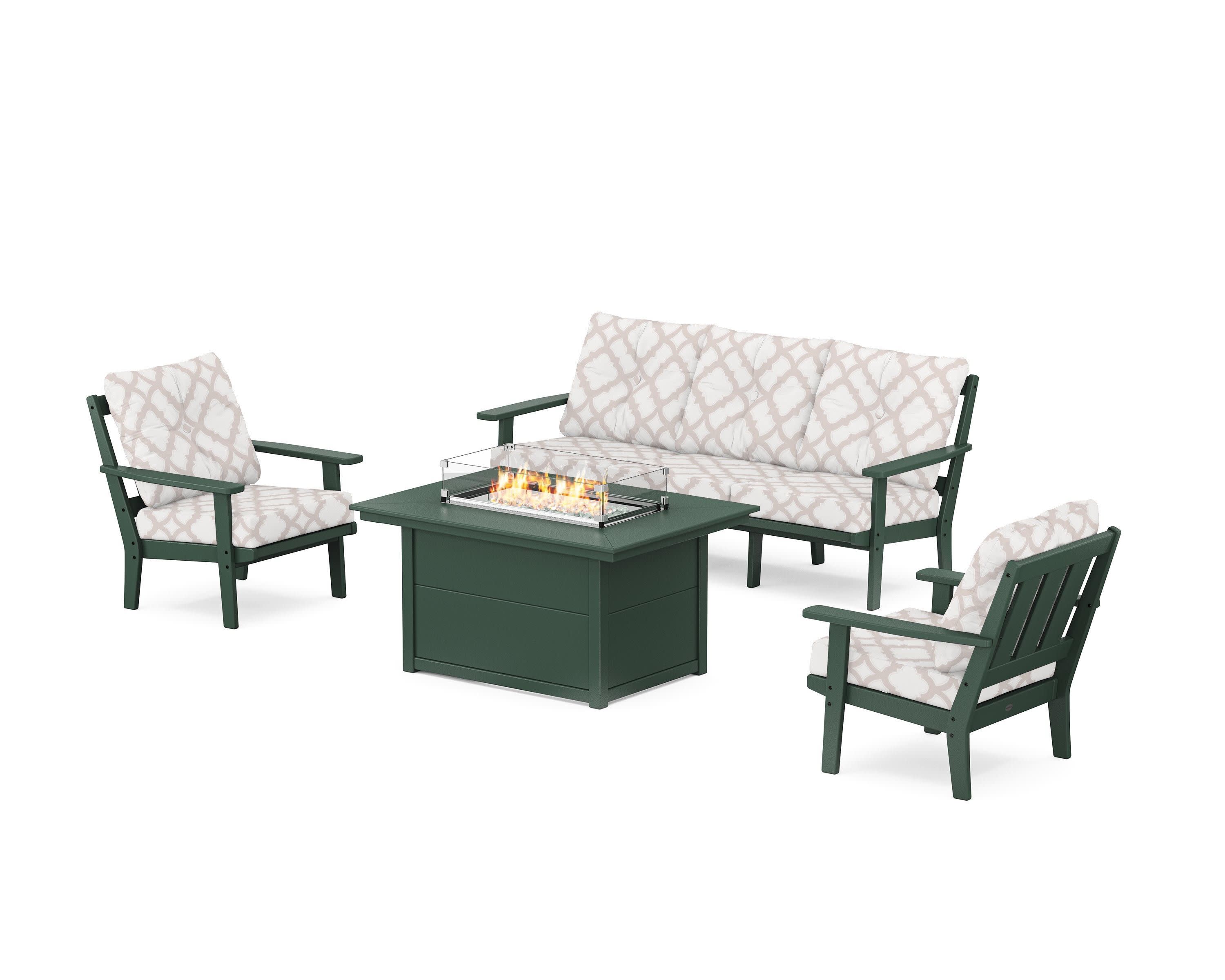 Oxford Deep Seating Fire Pit Table Set in Green / Trellis Dune Burlap