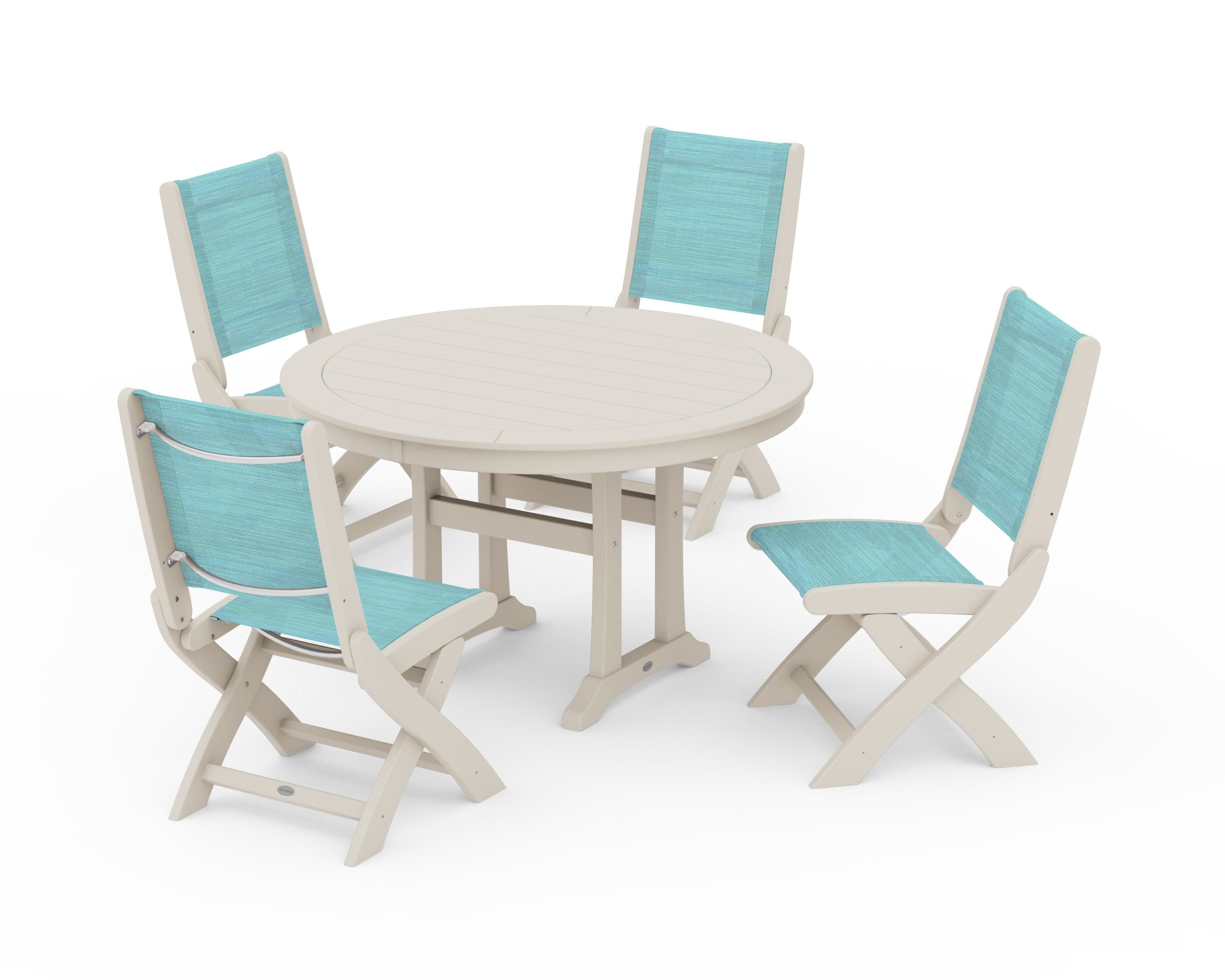 Coastal Folding Side Chair 5-Piece Round Dining Set With Trestle Legs in Sand / Dupioni Aquamarine Sling