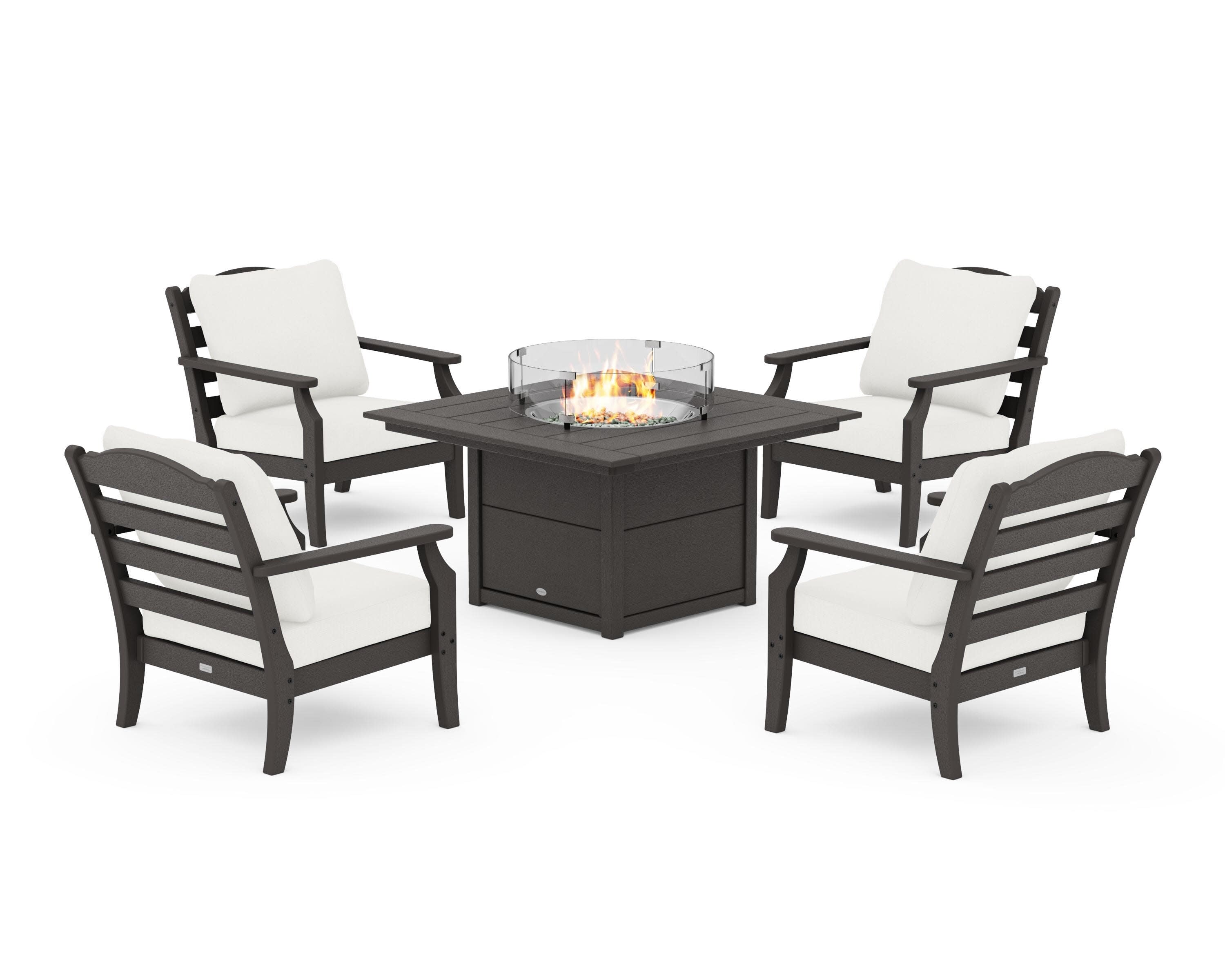 Savannah 5-Piece Deep Seating Set with Fire Pit Table in Vintage Coffee / Natural Linen