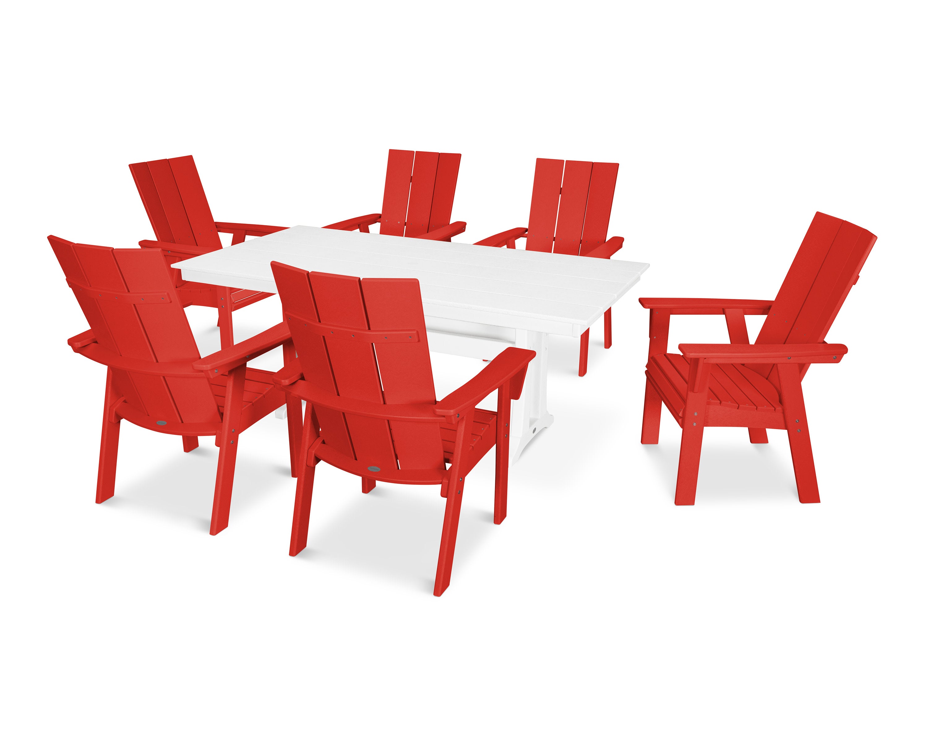 Modern Curveback Adirondack 7-Piece Farmhouse Dining Set with Trestle Legs in Sunset Red / White