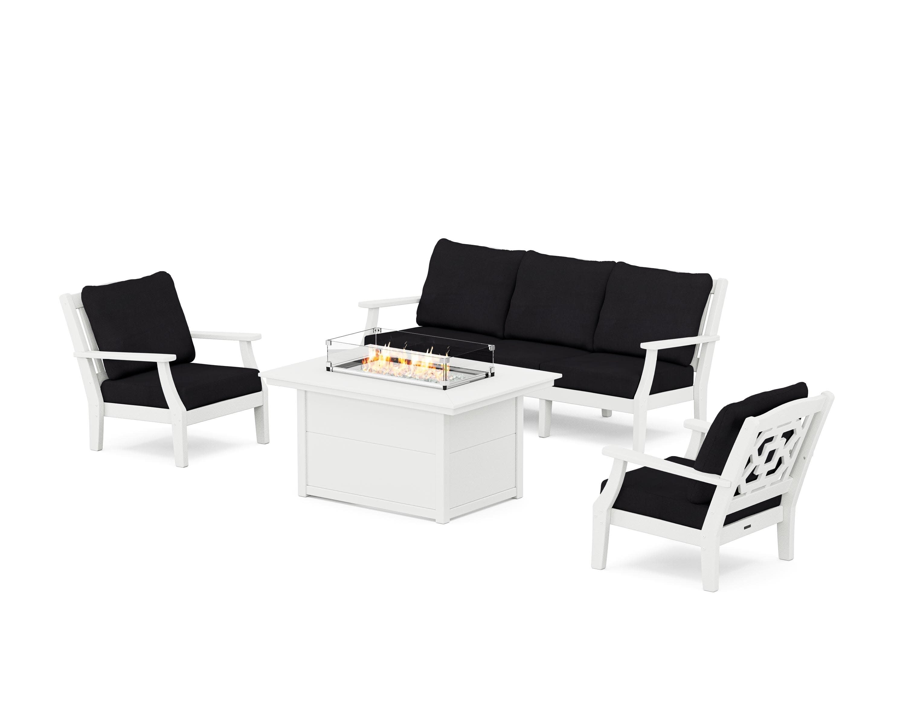 Chinoiserie Deep Seating Fire Pit Table Set in White / Midnight Linen