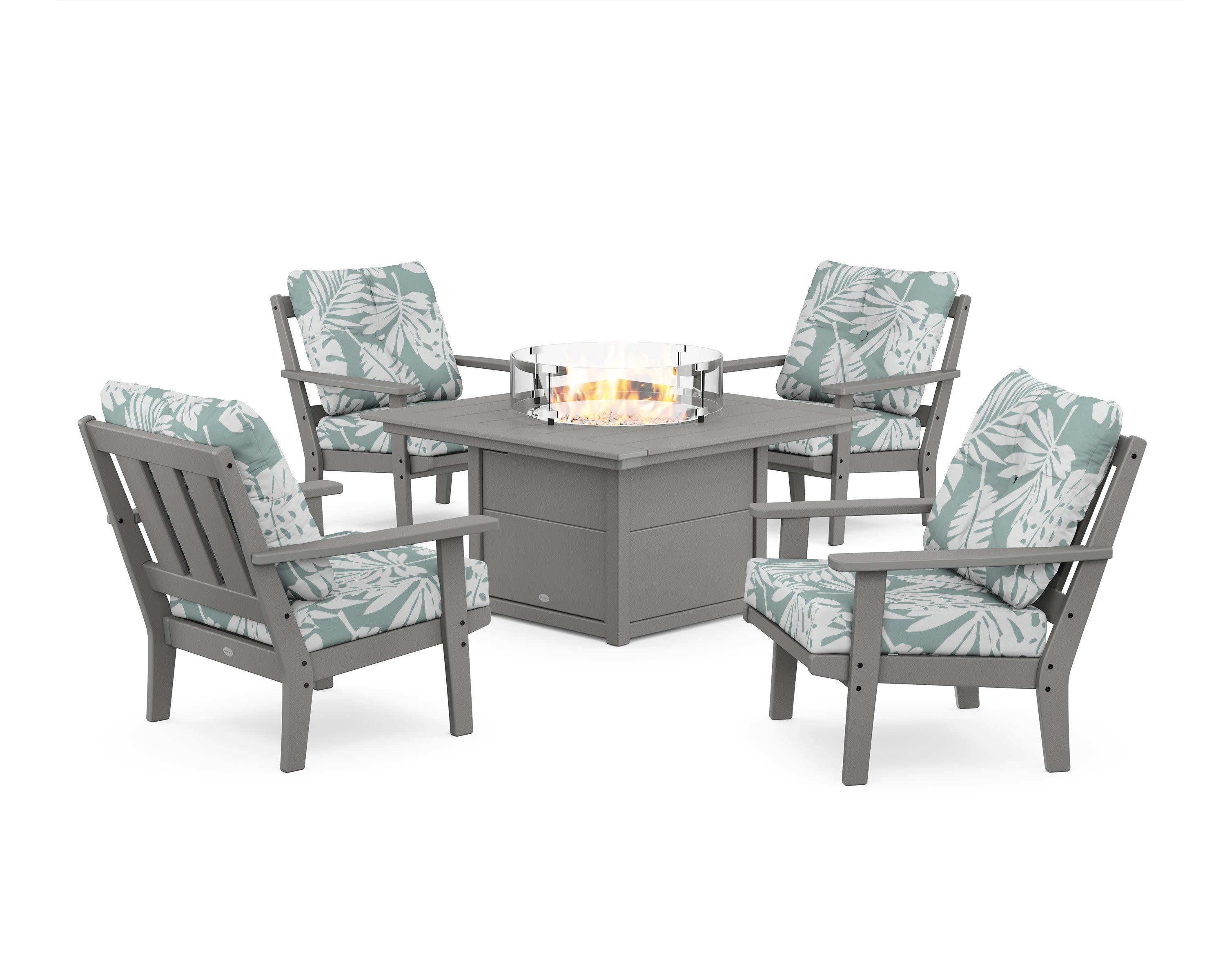 Oxford 5-Piece Deep Seating Set with Fire Pit Table in Slate Grey / Leaf Glacier Spa