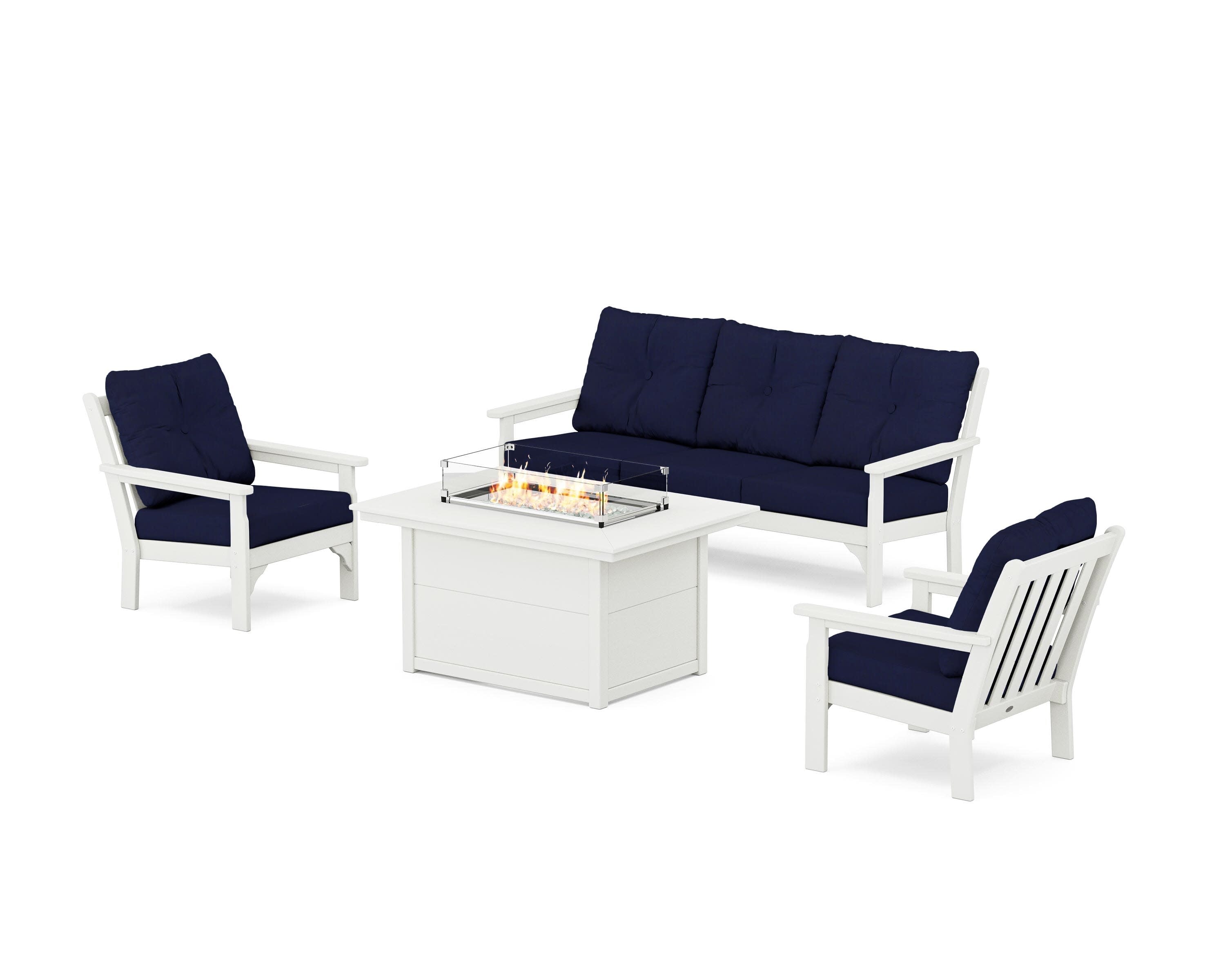 Vineyard Deep Seating Fire Pit Table Set in Vintage White / Navy