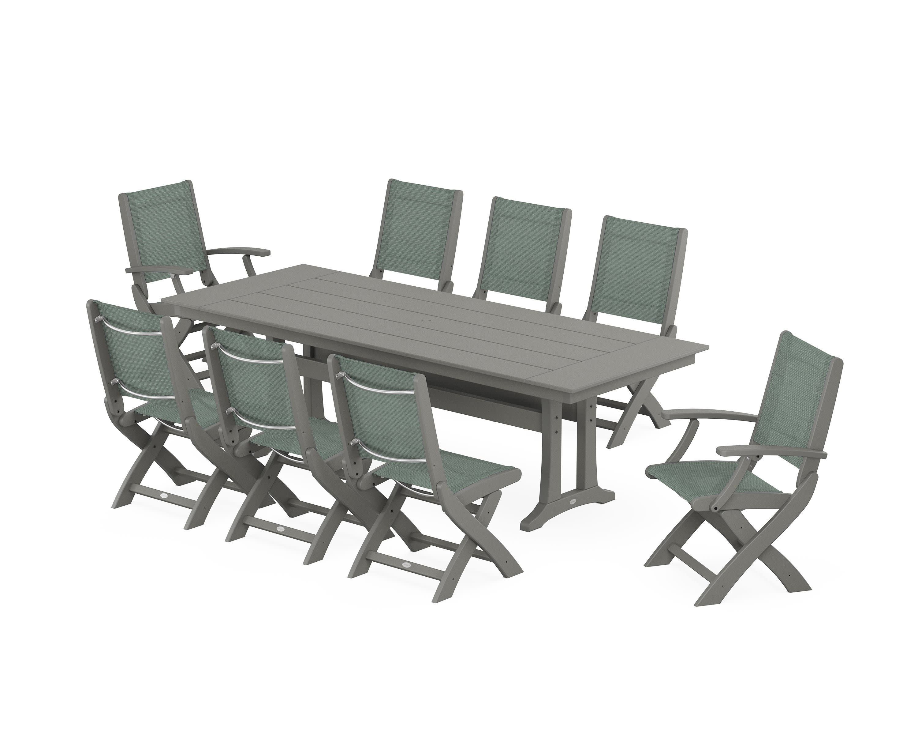 Coastal 9-Piece Folding Dining Chair Farmhouse Dining Set with Trestle Legs in Slate Grey / Dupioni Sea Mist Sling