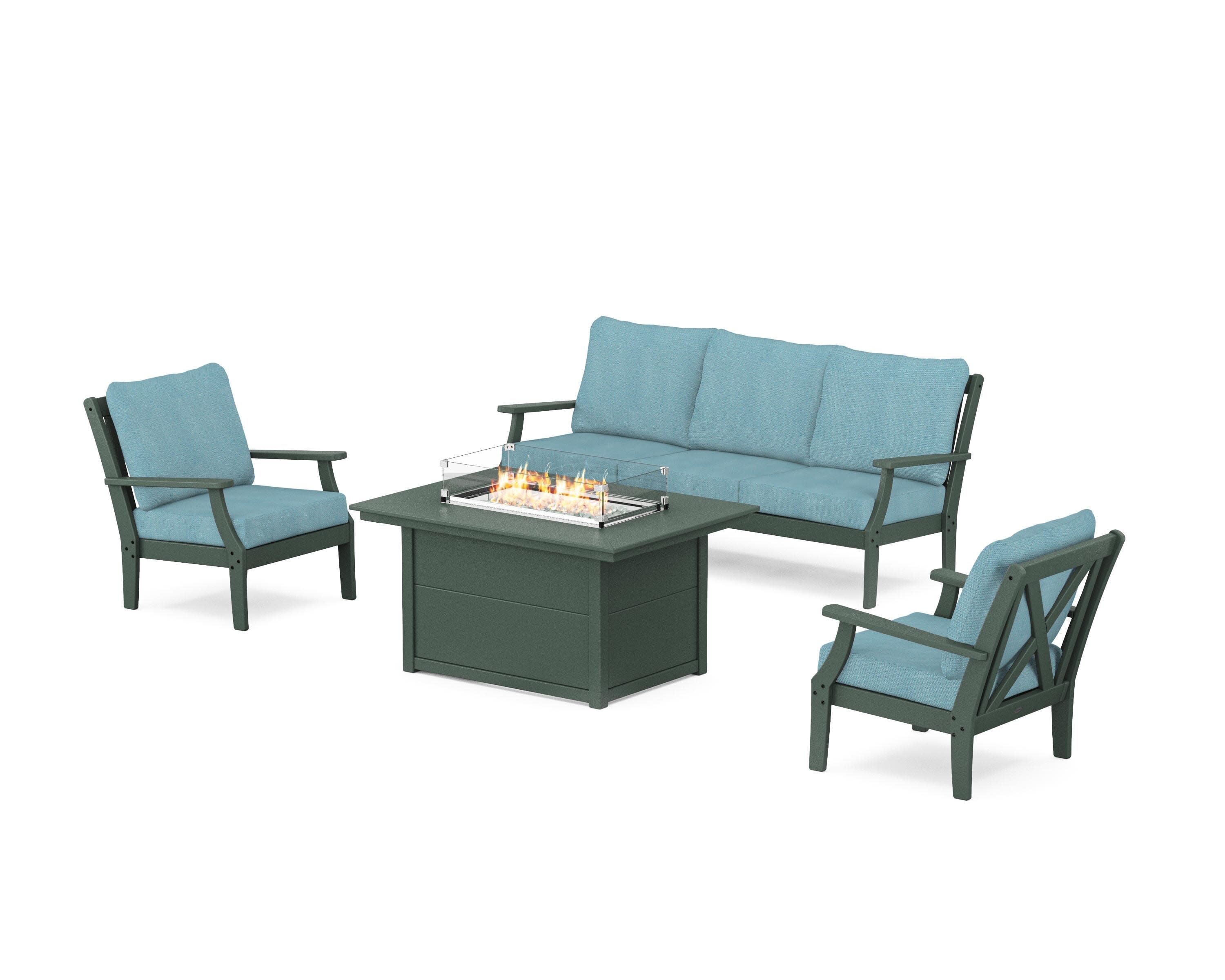 Braxton Deep Seating Fire Pit Table Set in Green / Lattice Sky Blue