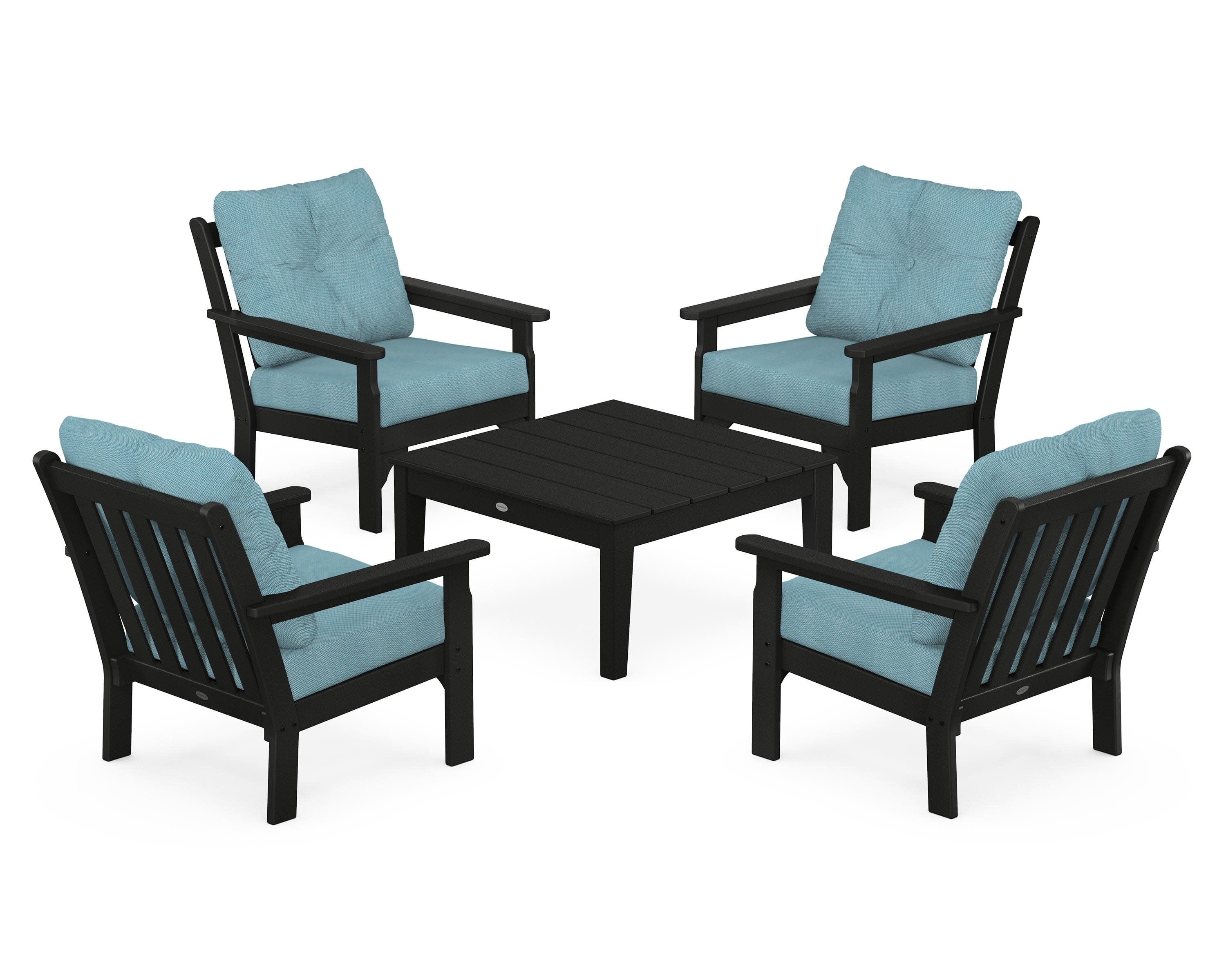 Vineyard 5-Piece Deep Seating Conversation Set in Black / Lattice Sky Blue