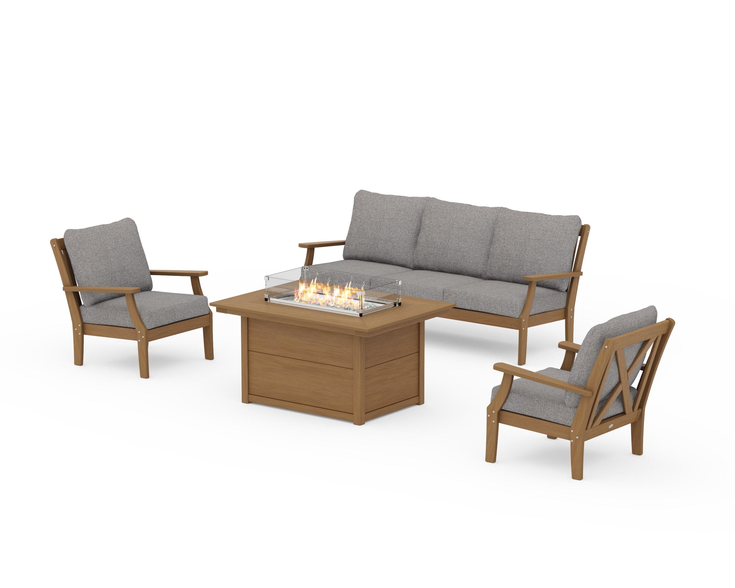 Braxton Deep Seating Fire Pit Table Set in Natural / Grey Mist