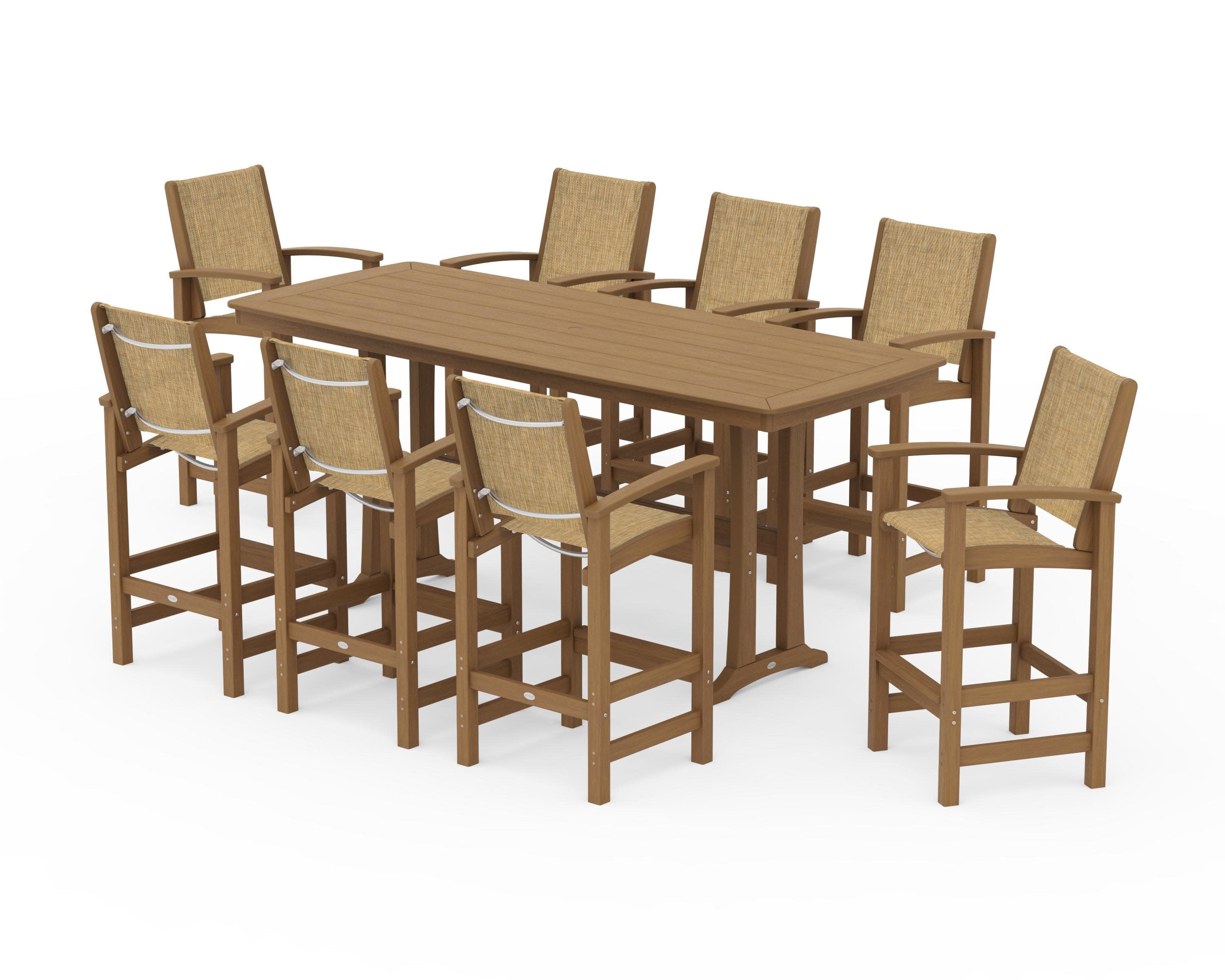 Coastal 9-Piece Bar Set with Trestle Legs in Natural / Burlap Sling