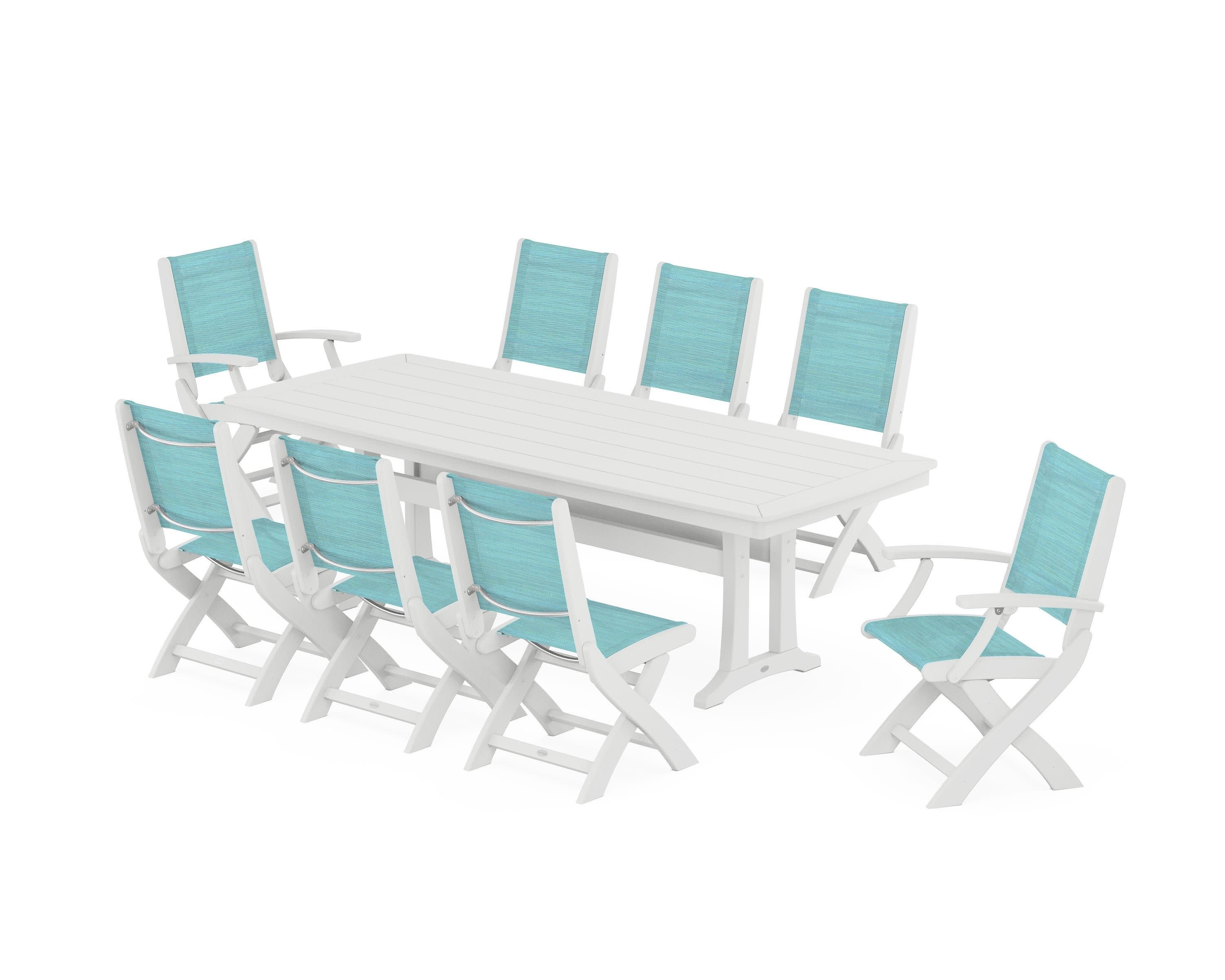 Coastal Folding 9-Piece Dining Set with Trestle Legs in White / Dupioni Aquamarine Sling