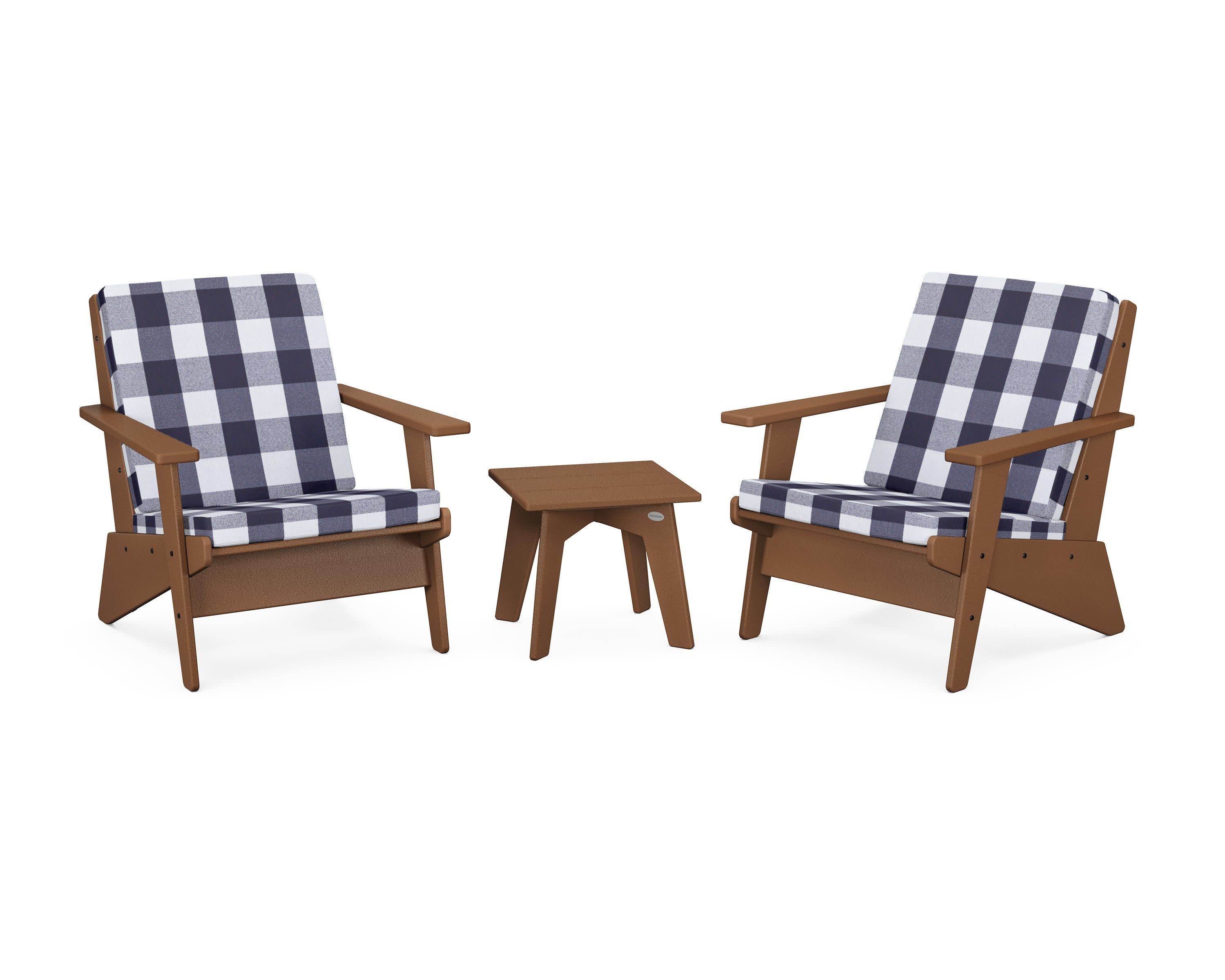 Riviera Modern Lounge 3-Piece Set in Teak / Buffalo Plaid Navy