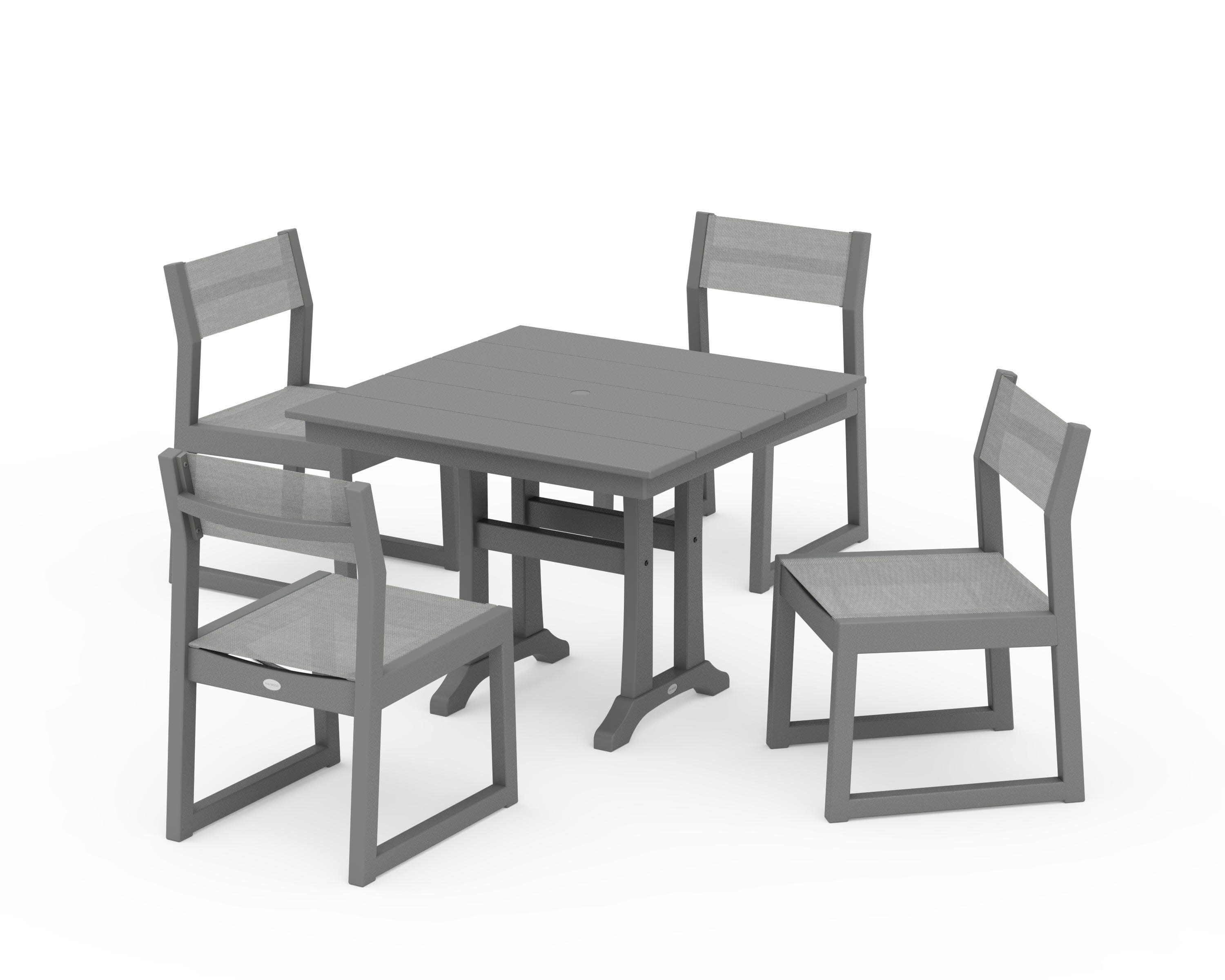 EDGE Sling 5-Piece Farmhouse Trestle Side Chair Dining Set in Slate Grey / Metallic Sling