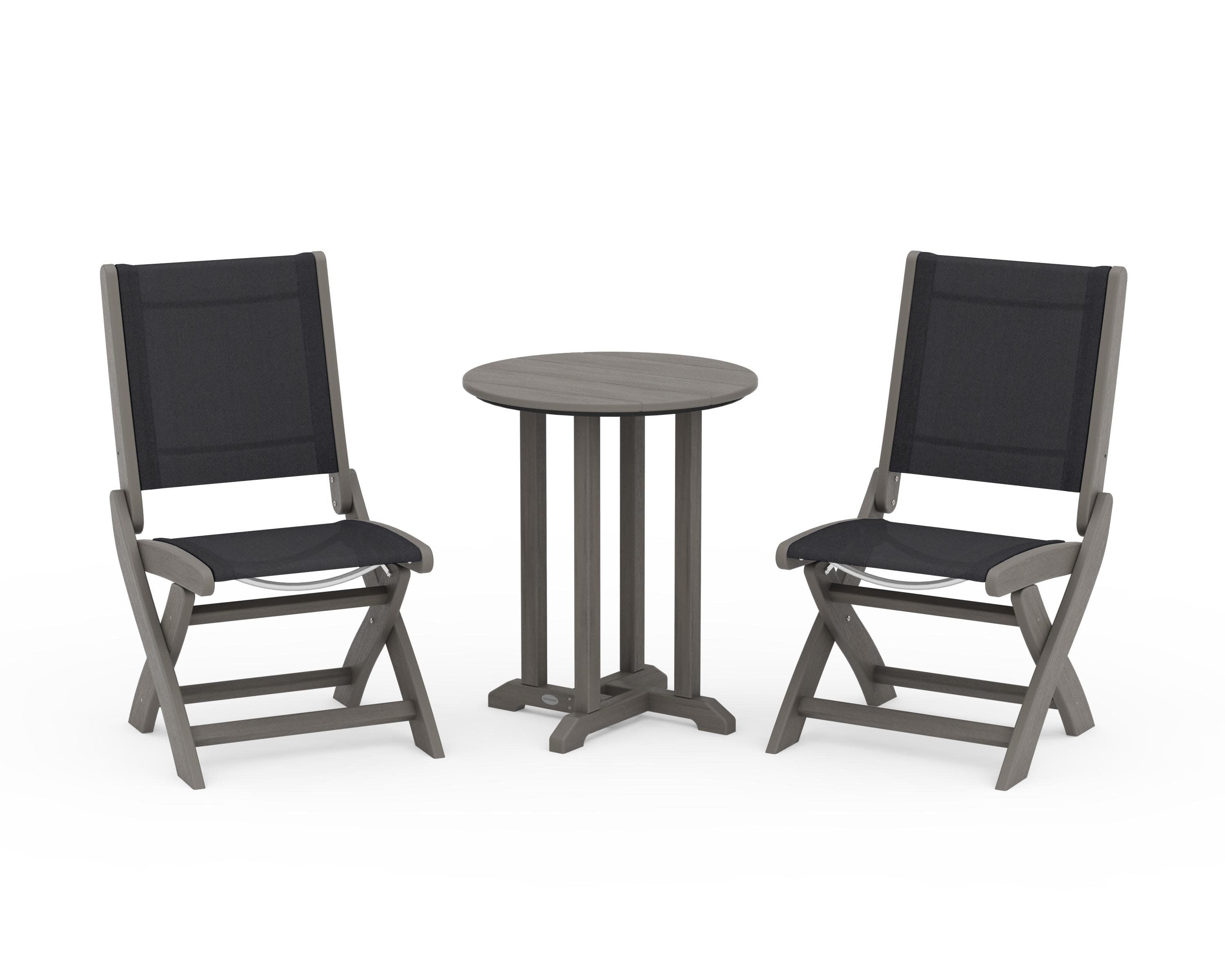 Coastal Folding Side Chair 3-Piece Round Bistro Dining Set in Driftwood / Black Sling