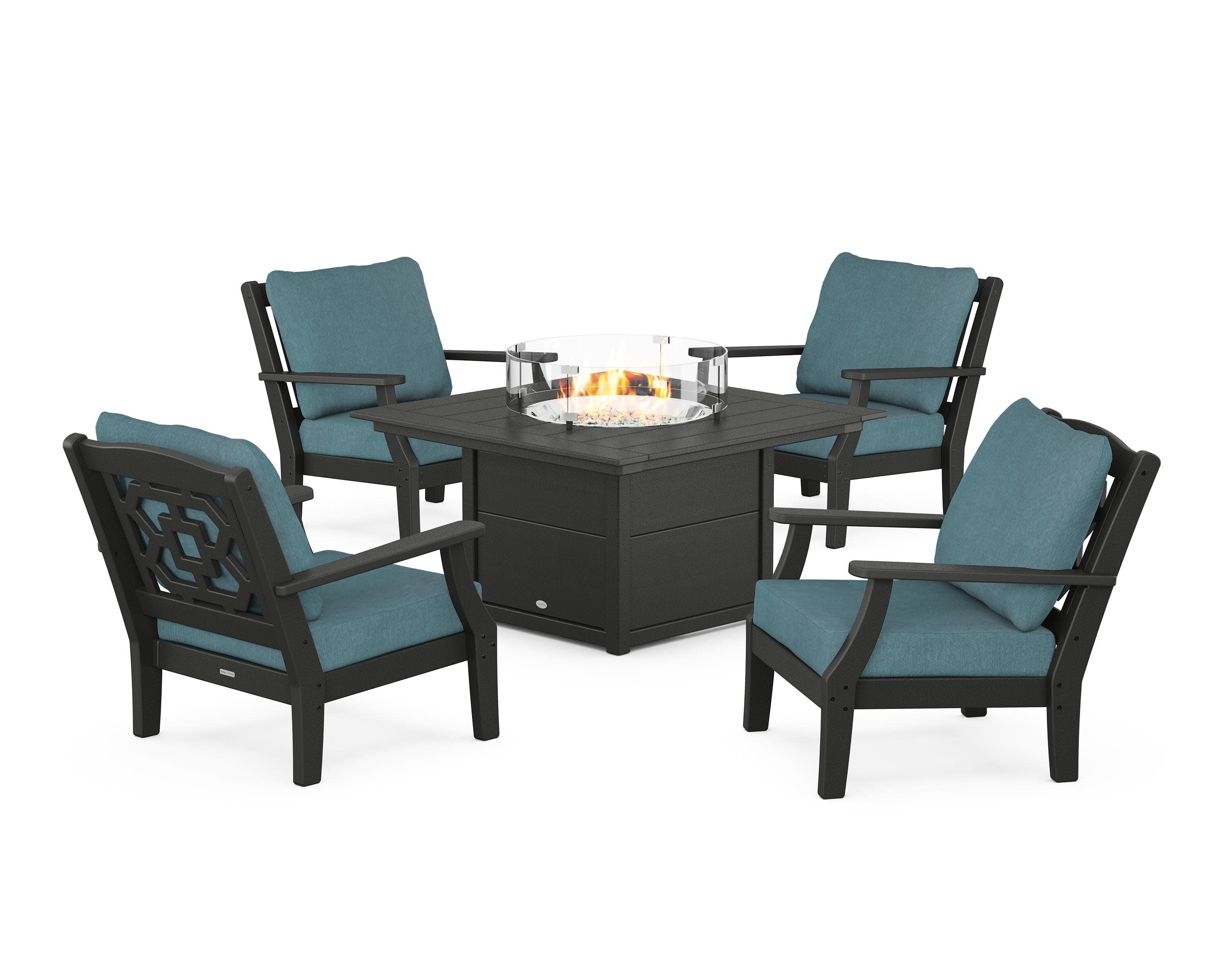 Chinoiserie 5-Piece Deep Seating Set with Fire Pit Table in Black / Ocean Teal