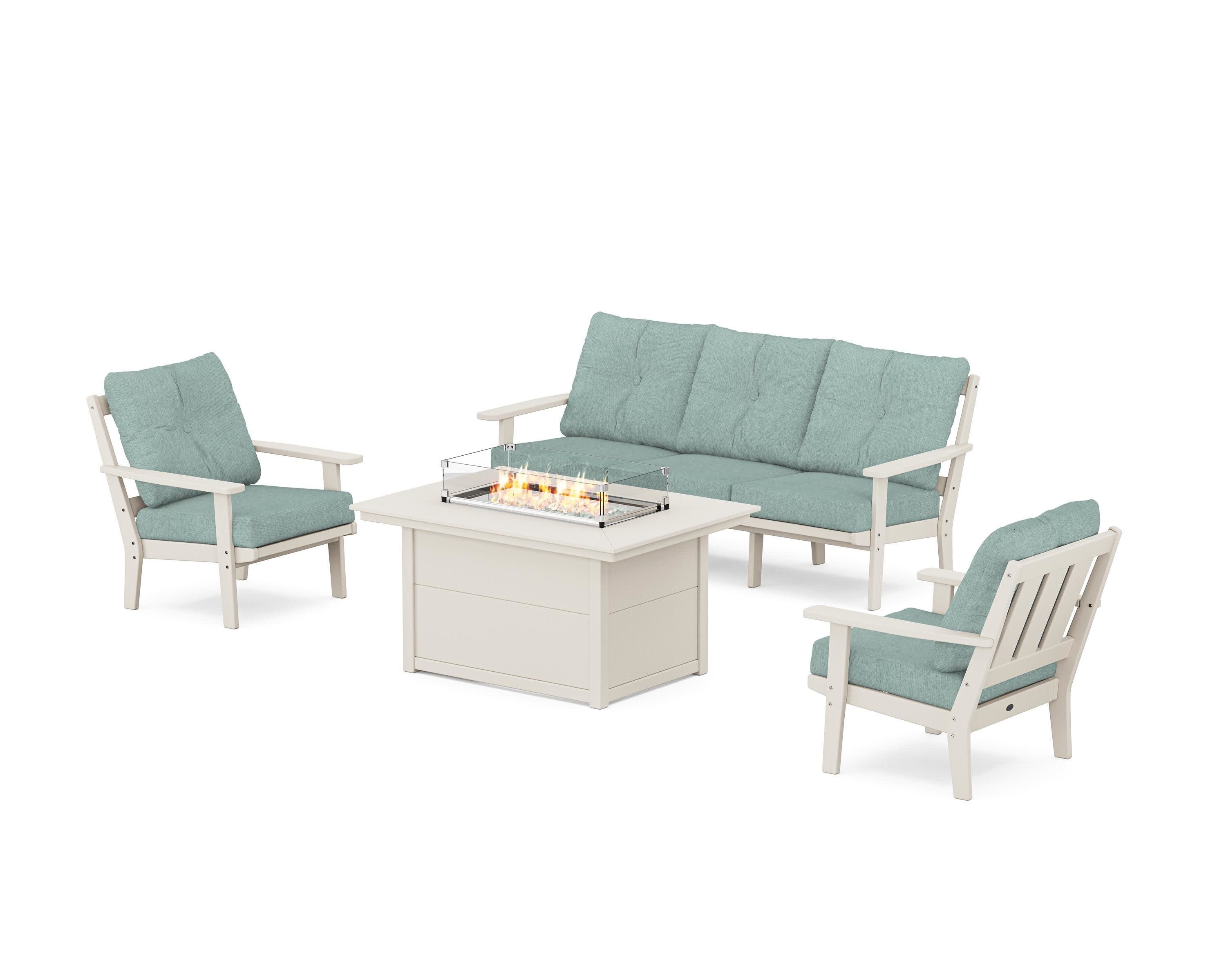 Oxford Deep Seating Fire Pit Table Set in Sand / Glacier Spa