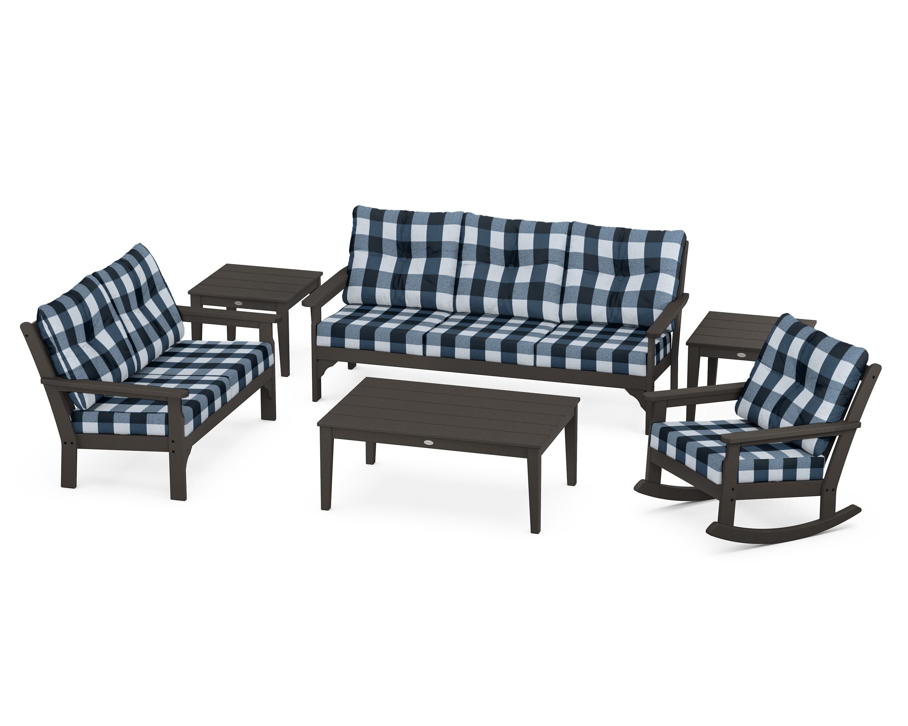 Vineyard 6-Piece Deep Seating Set in Vintage Coffee / Buffalo Plaid Marine Indigo