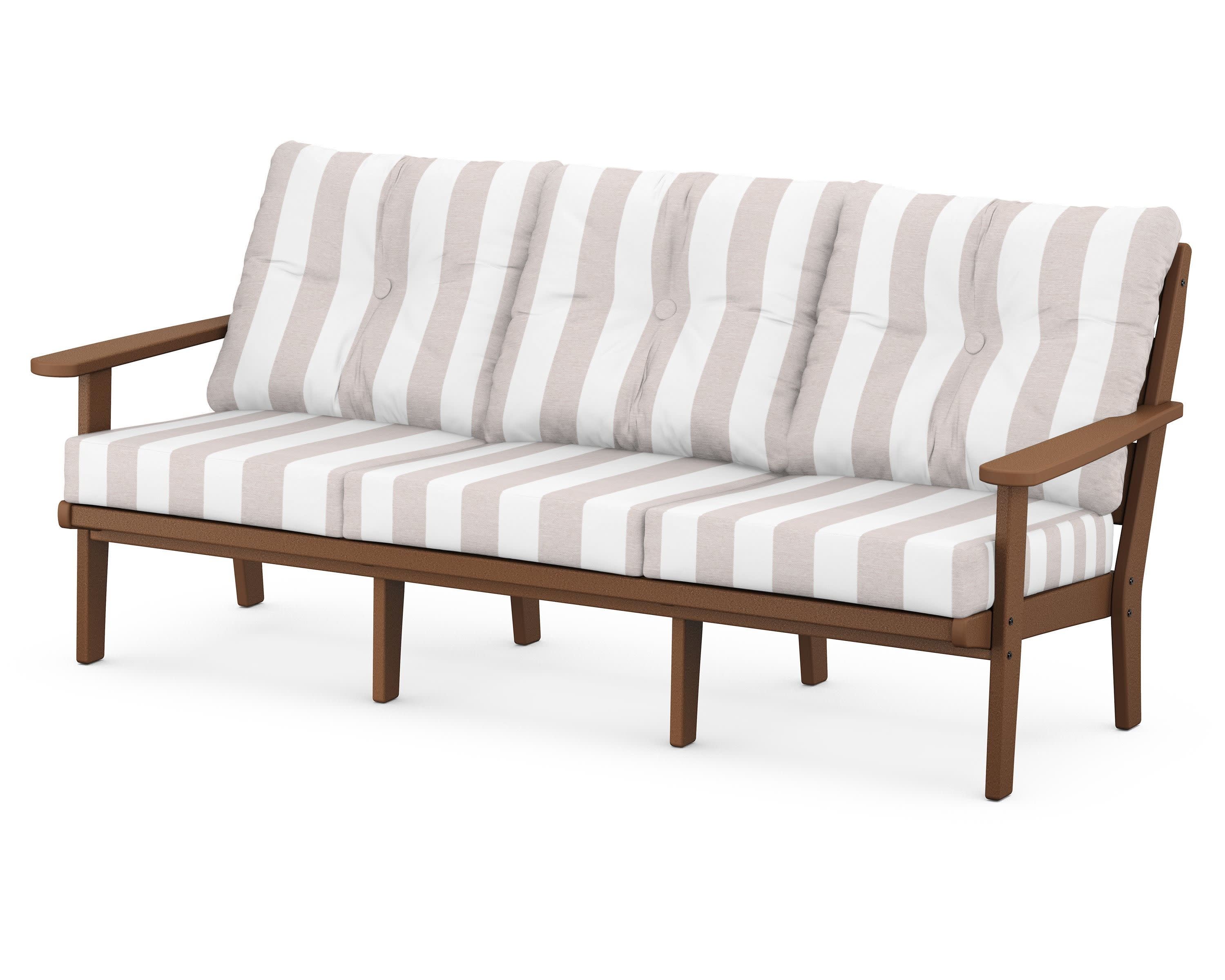 Lakeside Deep Seating Sofa in Teak / Cabana Stripe Dune Burlap