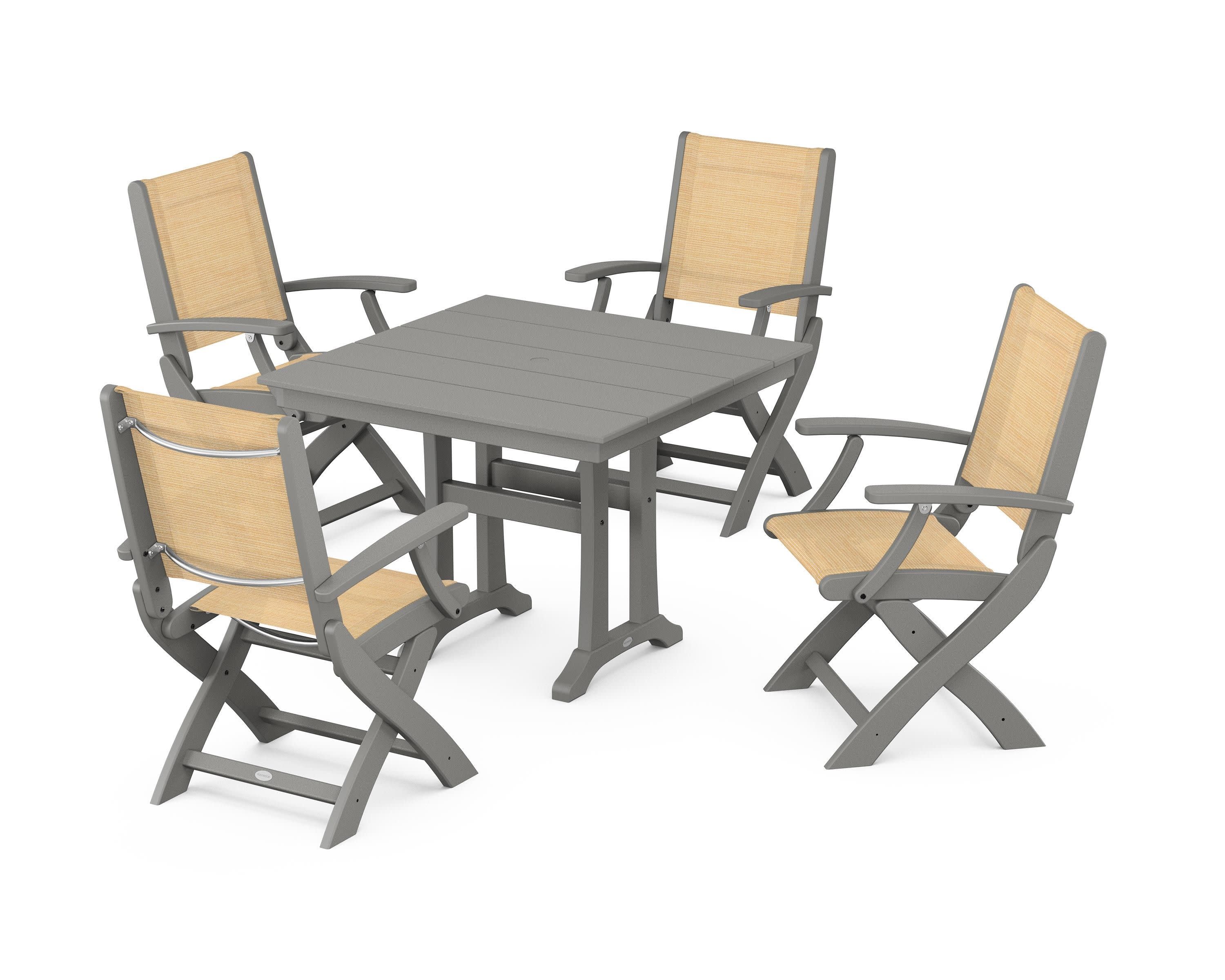 Coastal Folding Chair 5-Piece Farmhouse Dining Set With Trestle Legs in Slate Grey / Dupioni Apricot Sling