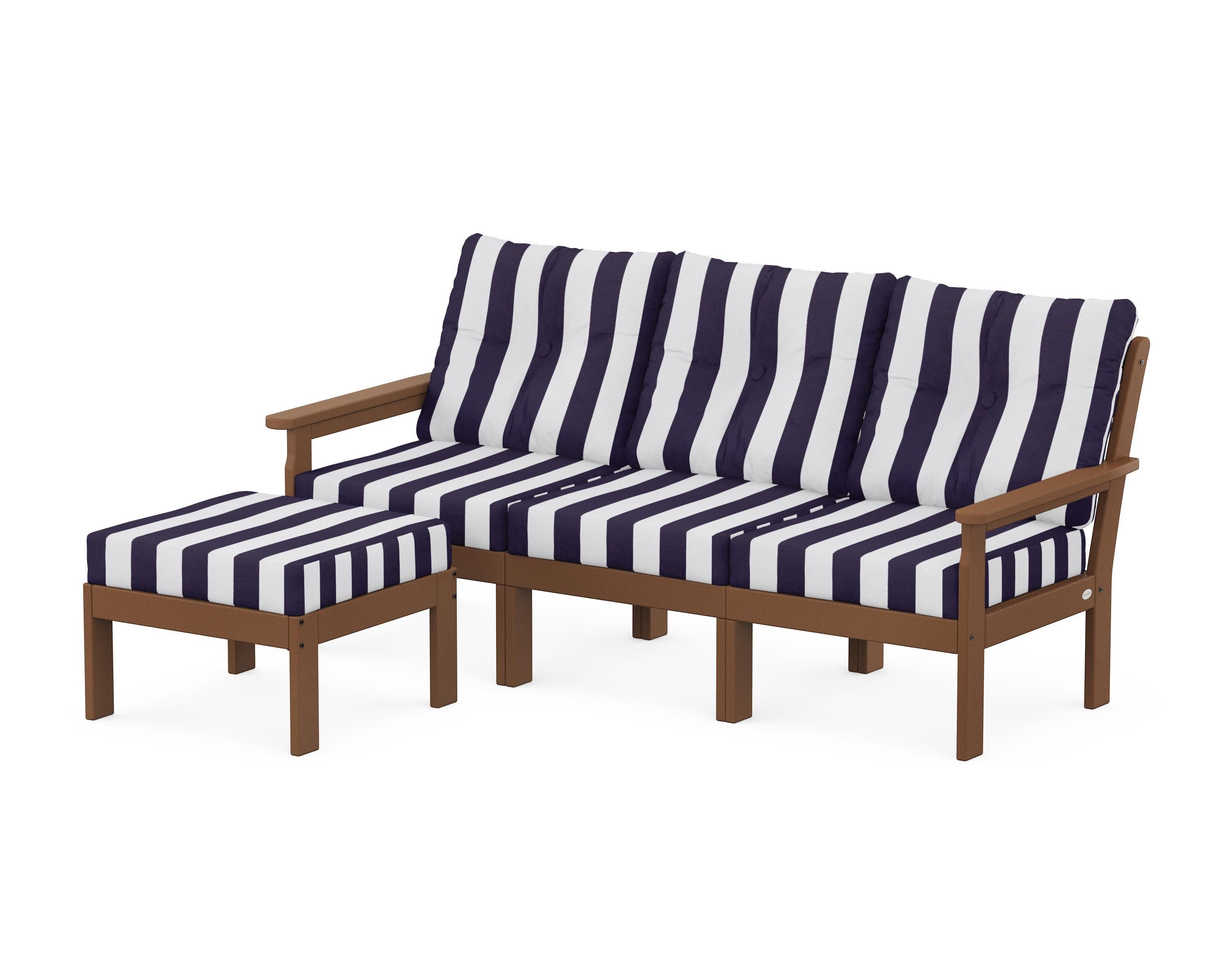 Vineyard 4-Piece Sectional with Ottoman in Teak / Cabana Stripe Navy