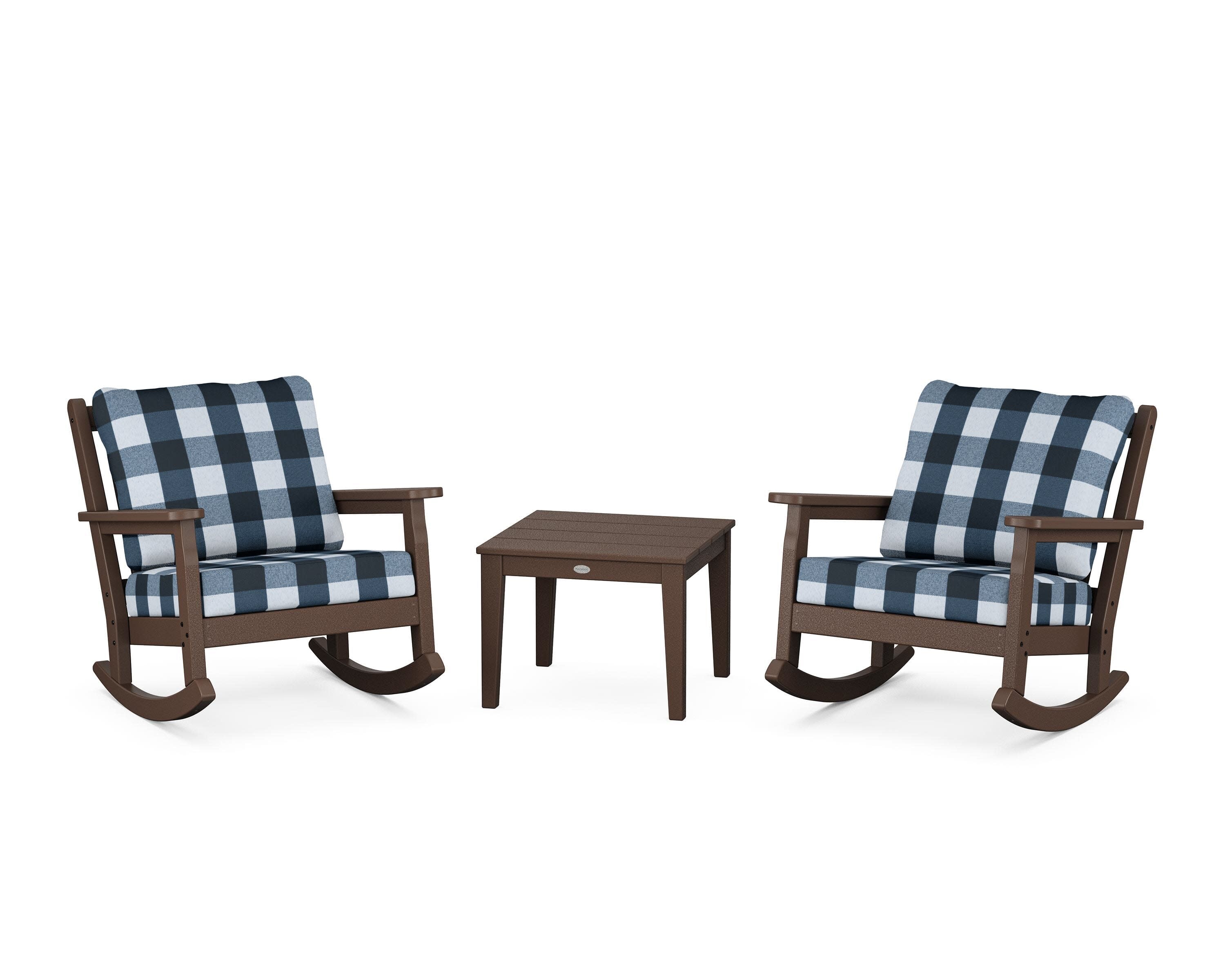 Chippendale 3-Piece Deep Seating Rocker Set in Mahogany / Buffalo Plaid Marine Indigo