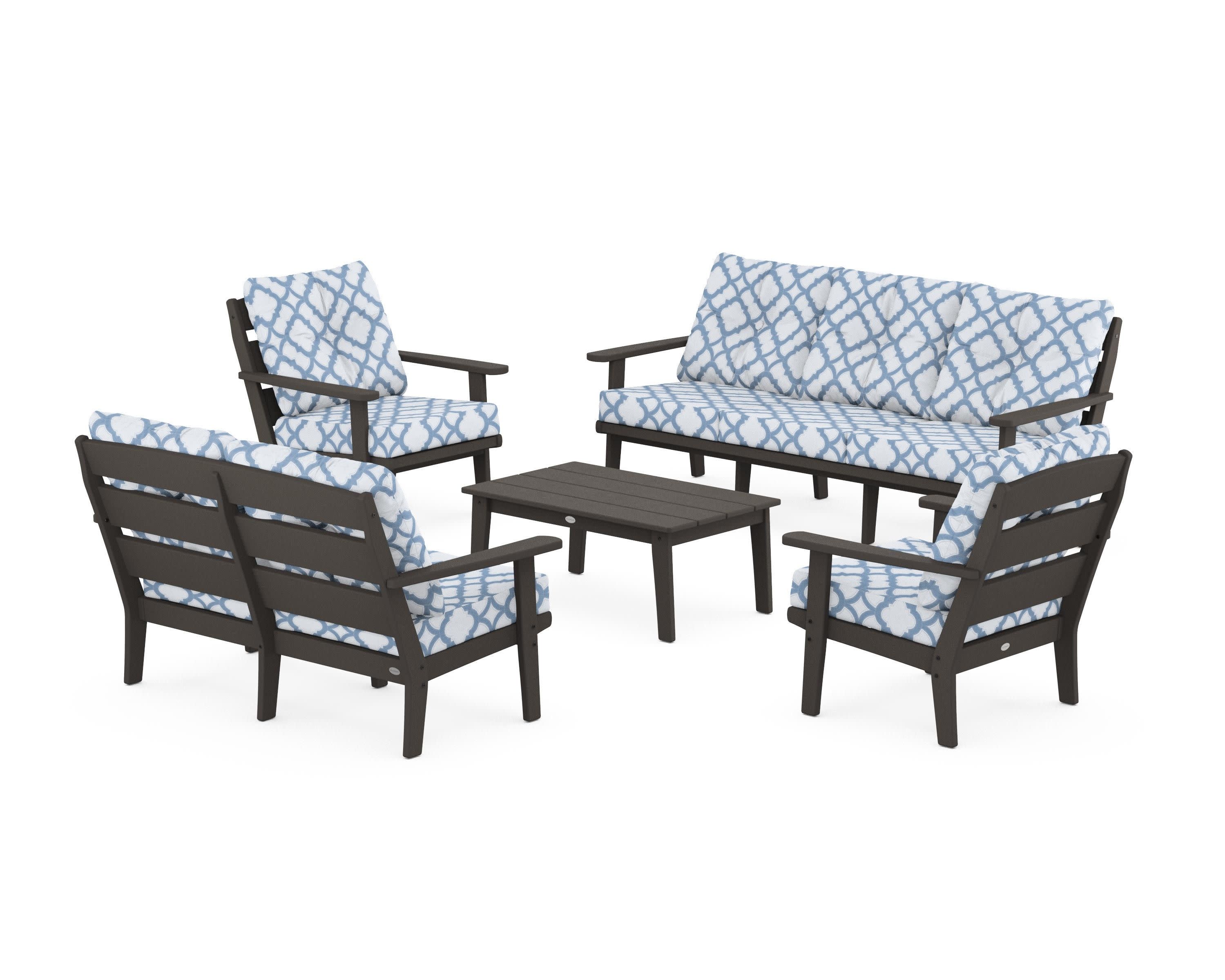 Lakeside 5-Piece Lounge Sofa Set in Vintage Coffee / Trellis Sky Blue