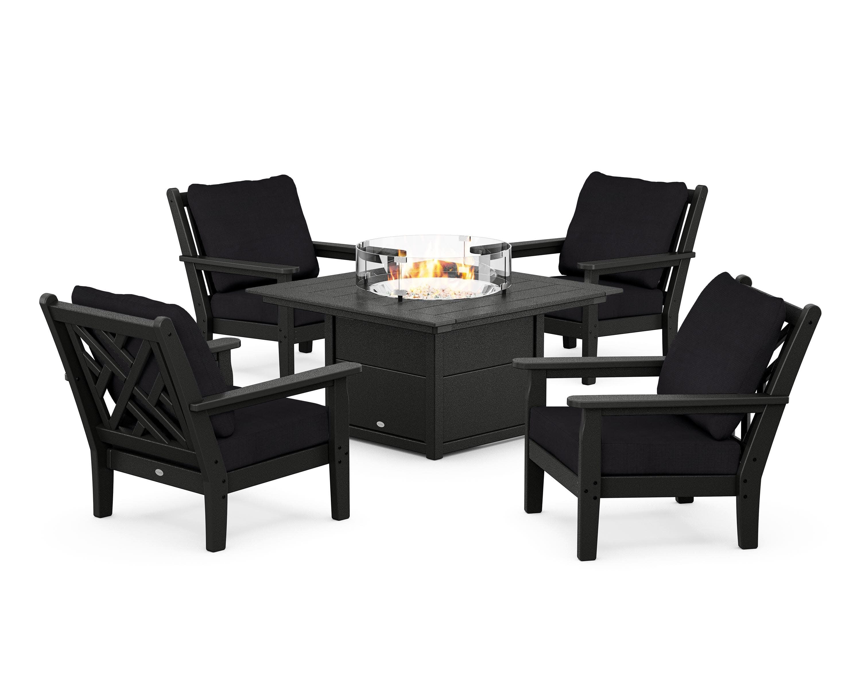 Chippendale 5-Piece Deep Seating Set with Fire Pit Table in Black / Midnight Linen