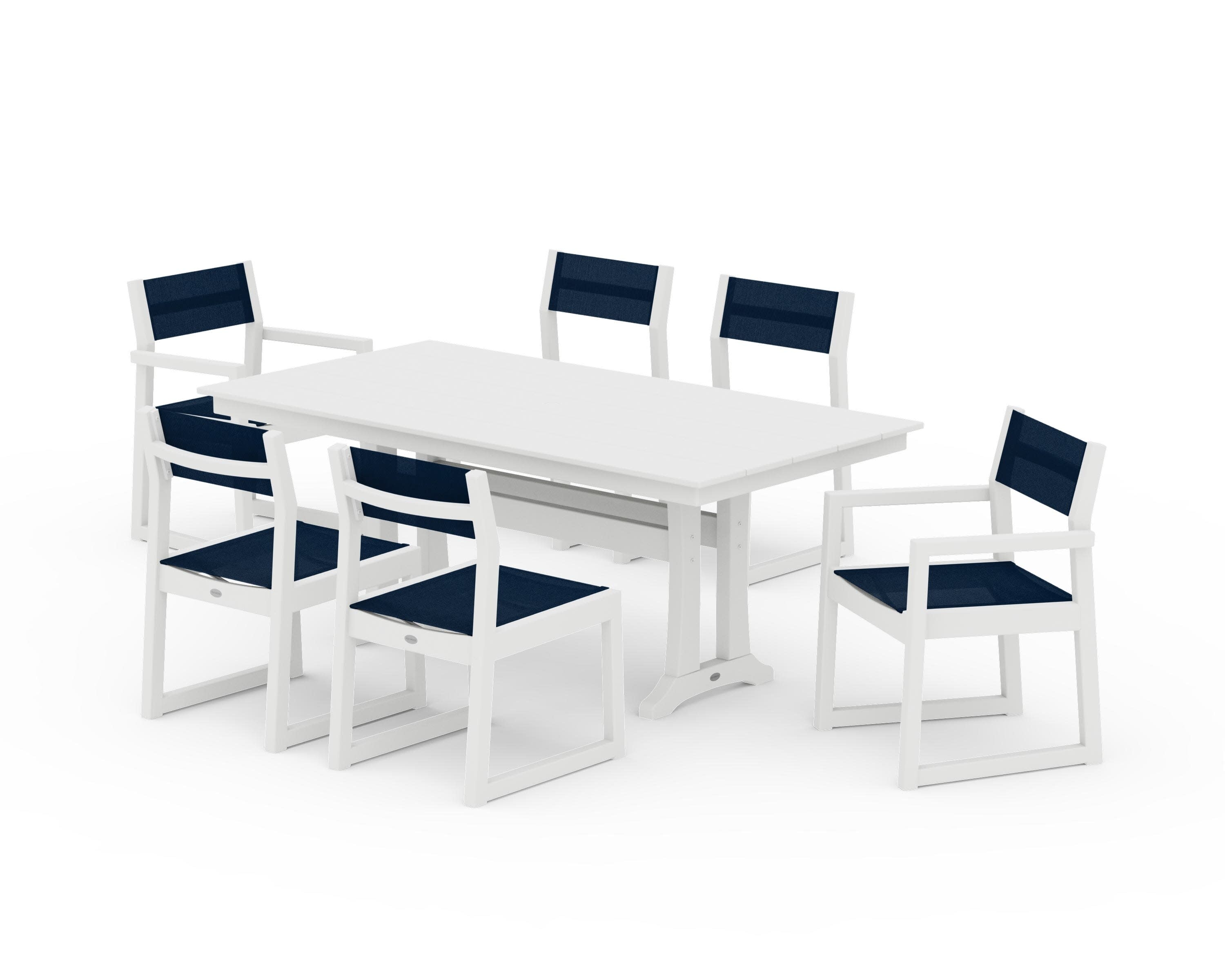 EDGE Sling 7-Piece Farmhouse Trestle Dining Set in White / Navy Blue Sling
