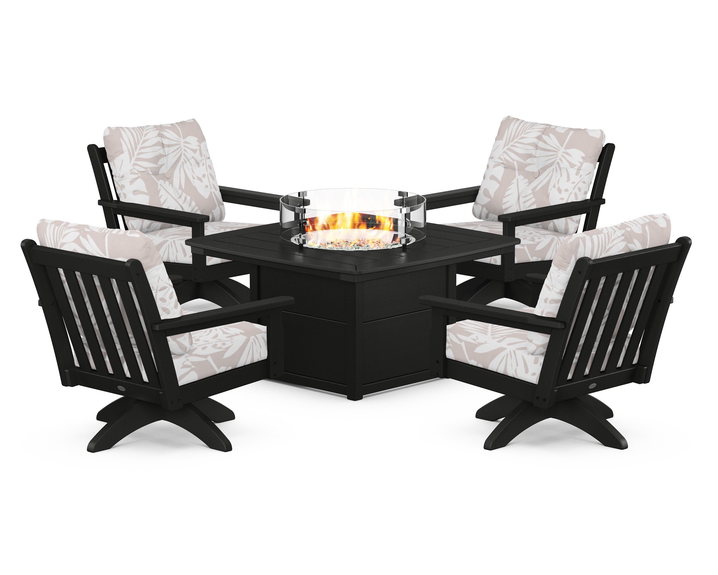 Vineyard 5-Piece Deep Seating Swivel Conversation Set with Fire Pit Table in Black / Leaf Dune Burlap