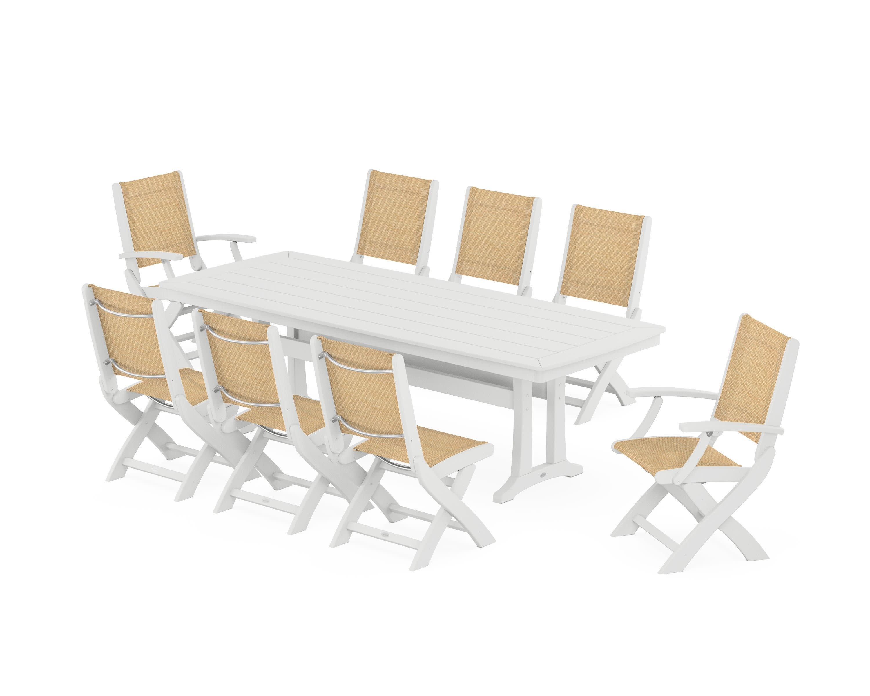 Coastal Folding 9-Piece Dining Set with Trestle Legs in White / Dupioni Apricot Sling