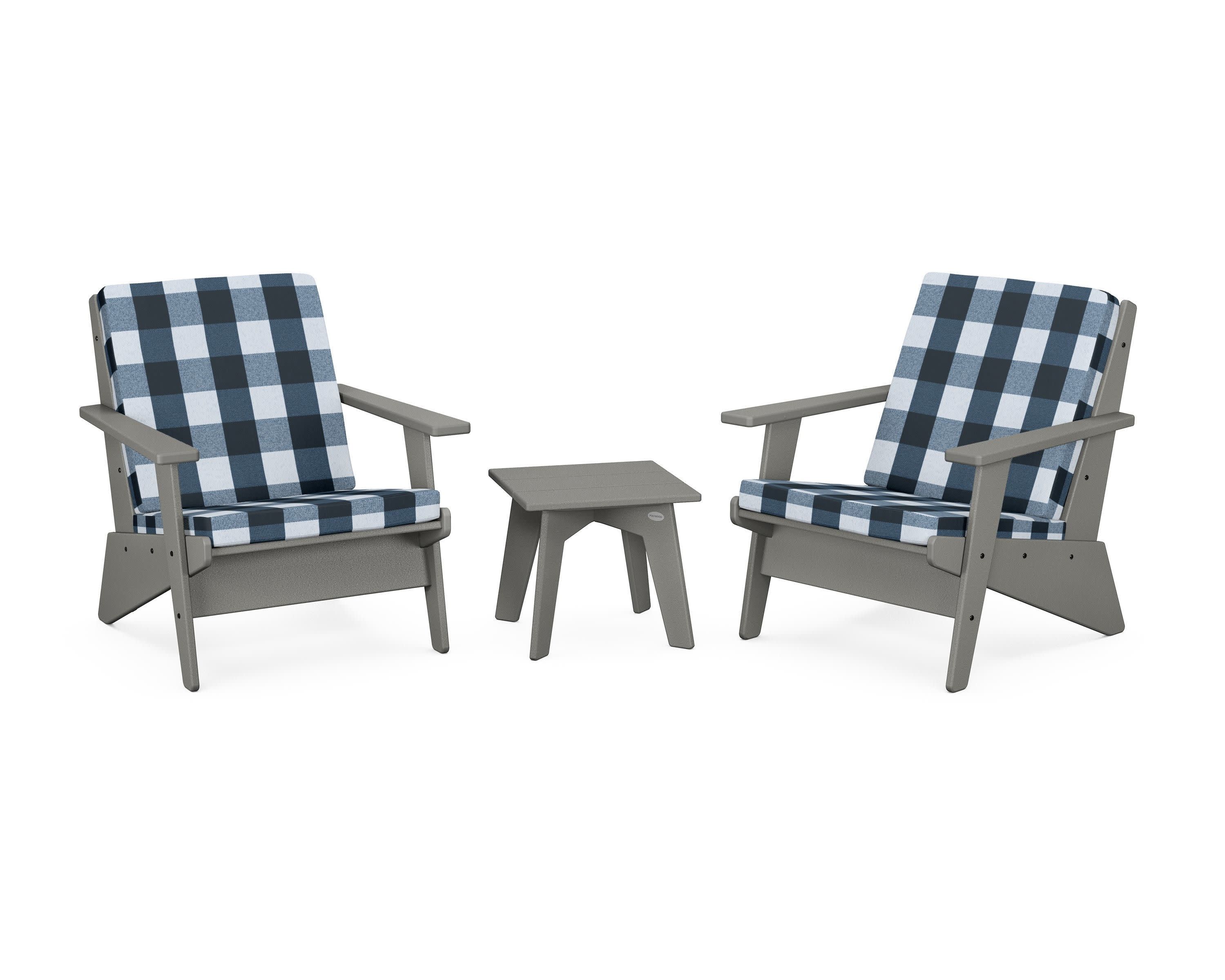 Riviera Modern Lounge 3-Piece Set in Slate Grey / Buffalo Plaid Marine Indigo