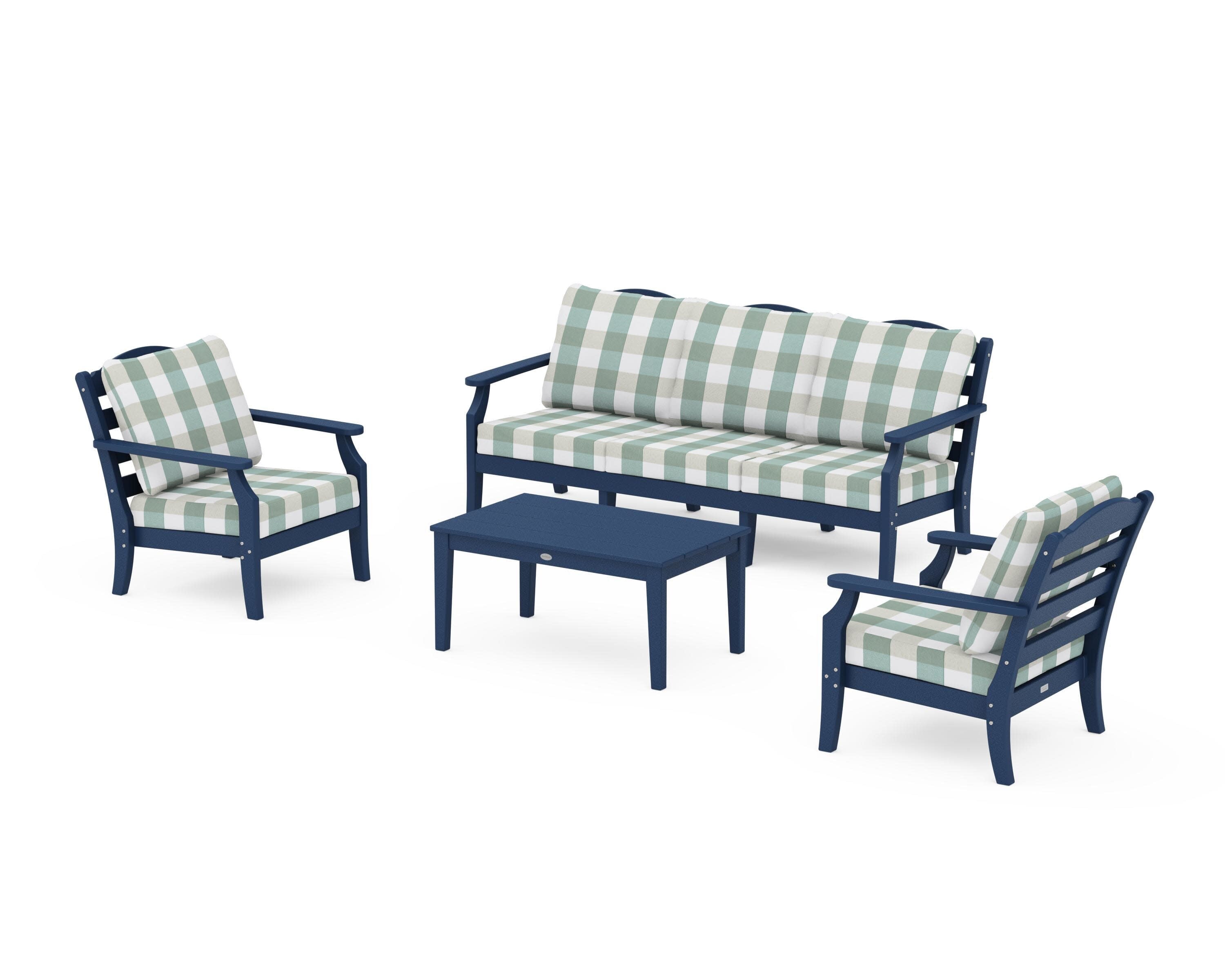 Savannah 4-Piece Deep Seating Set with Sofa in Navy / Buffalo Plaid Glacier Spa