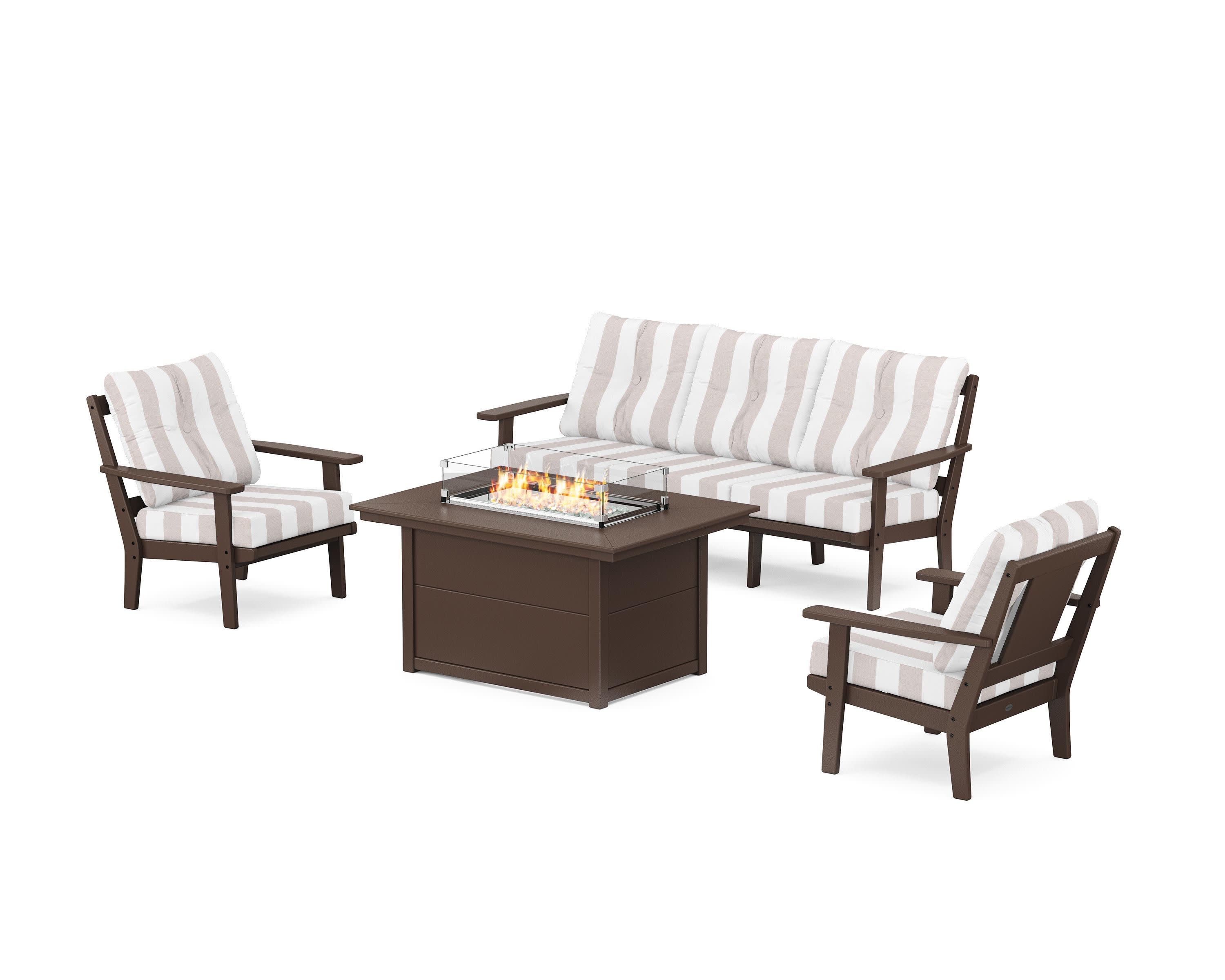 Prairie Deep Seating Fire Pit Table Set in Mahogany / Cabana Stripe Dune Burlap