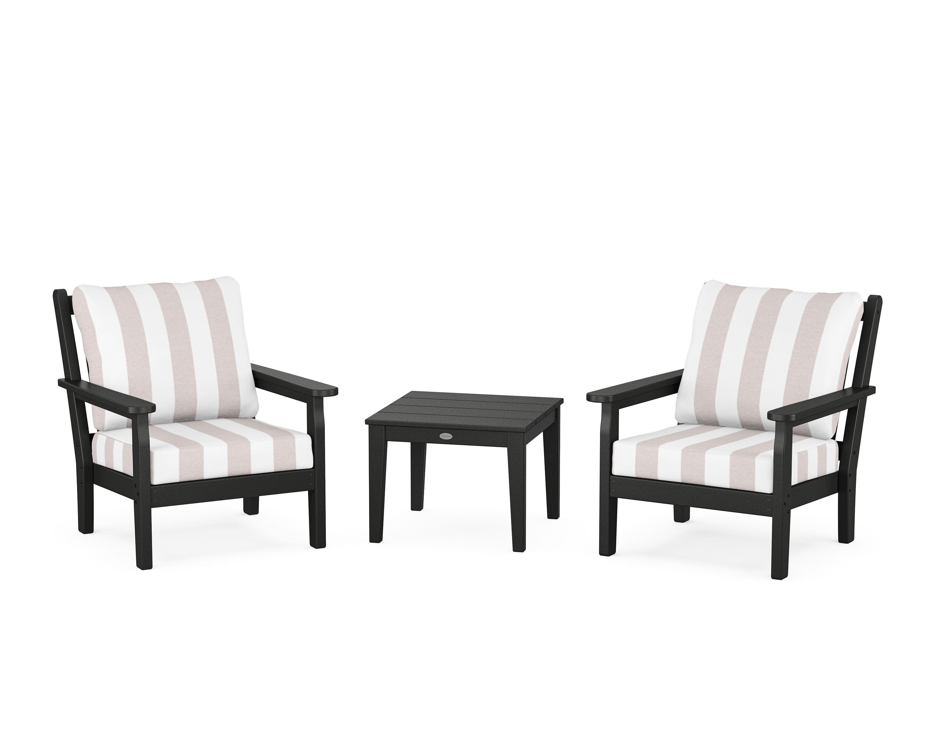 Chippendale 3-Piece Deep Seating Set in Black / Cabana Stripe Dune Burlap