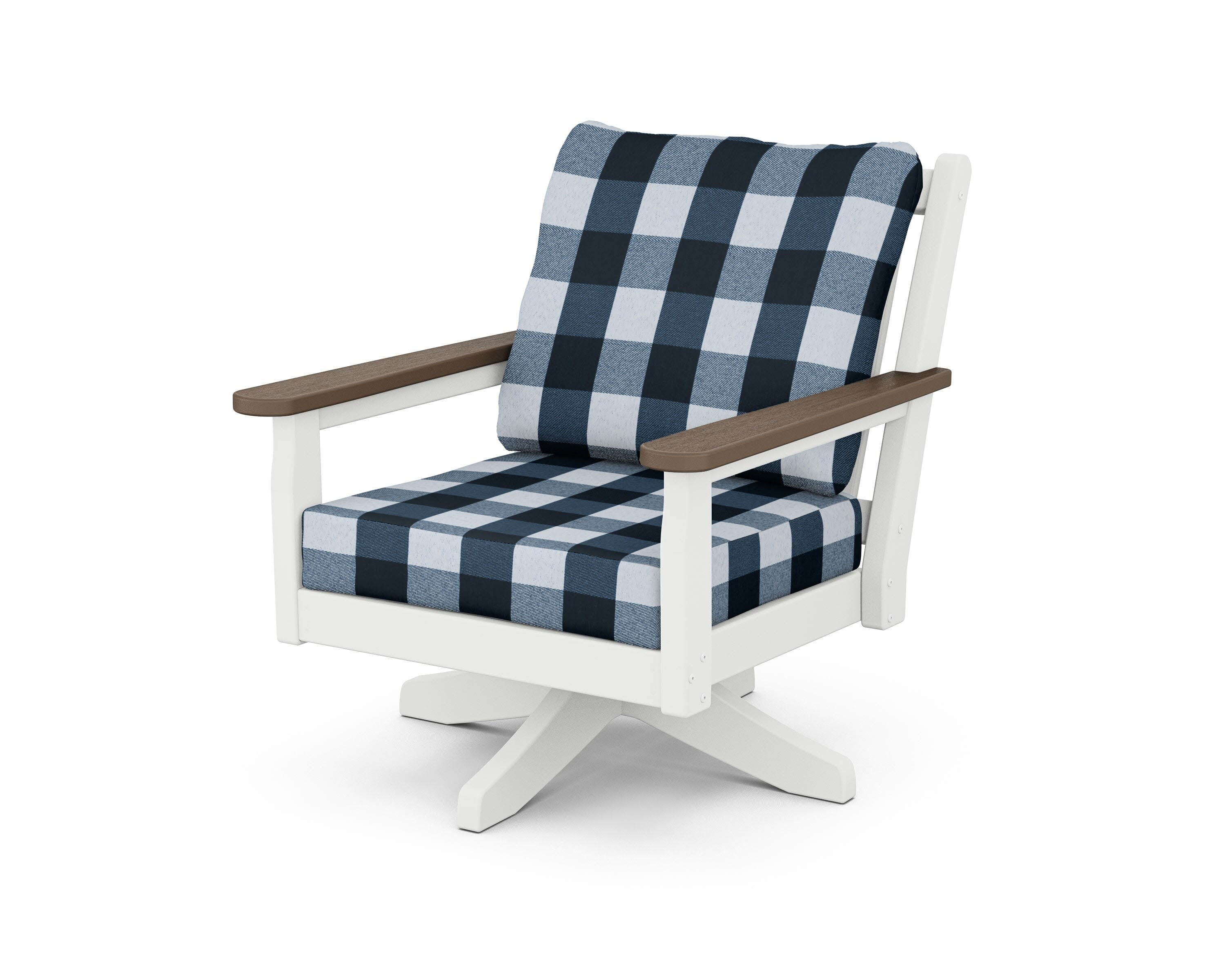 Chippendale Deep Seating Swivel Chair in White / Kona / Buffalo Plaid Marine Indigo