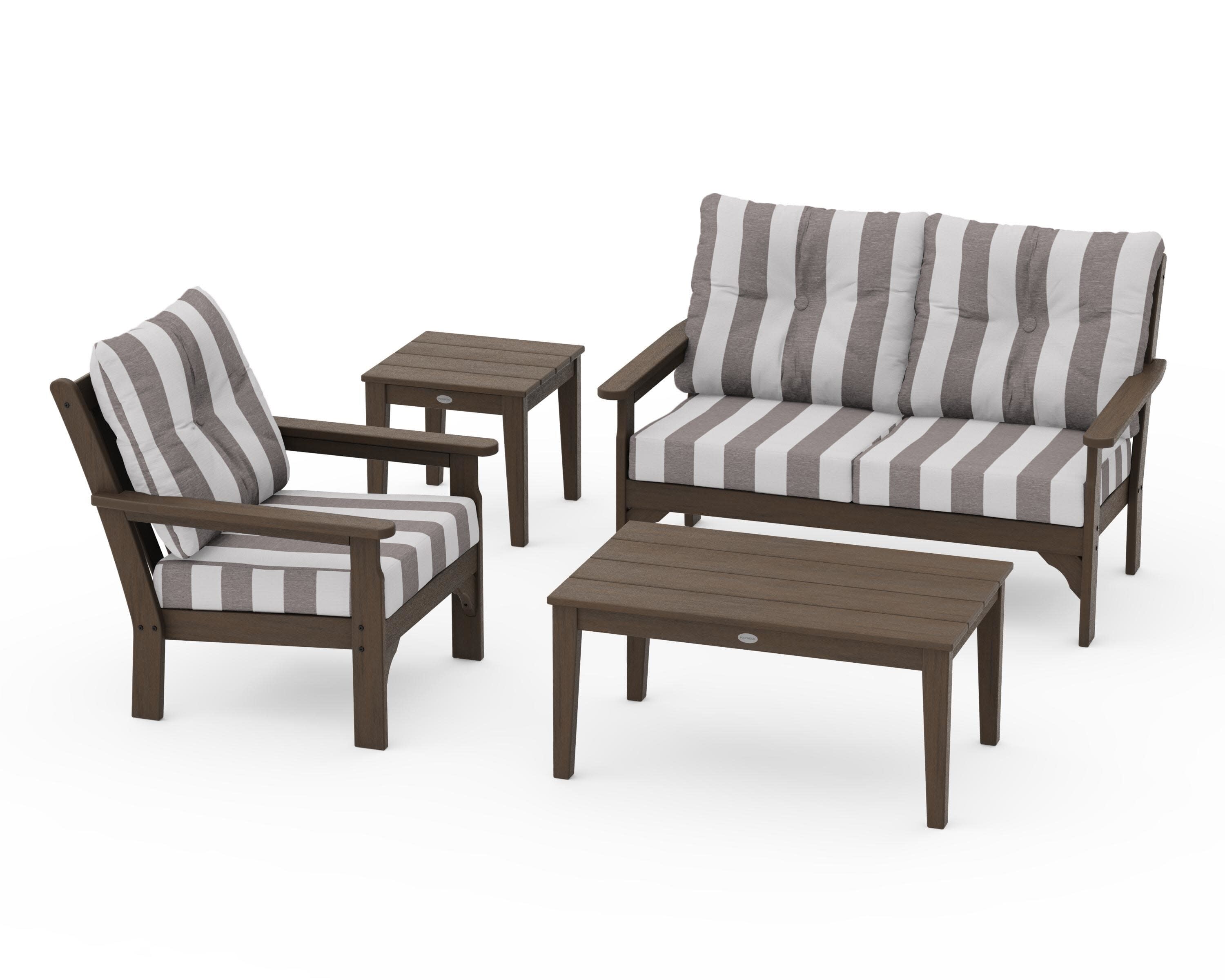 Vineyard 4-Piece Deep Seating Set in Kona / Cabana Stripe Grey Mist