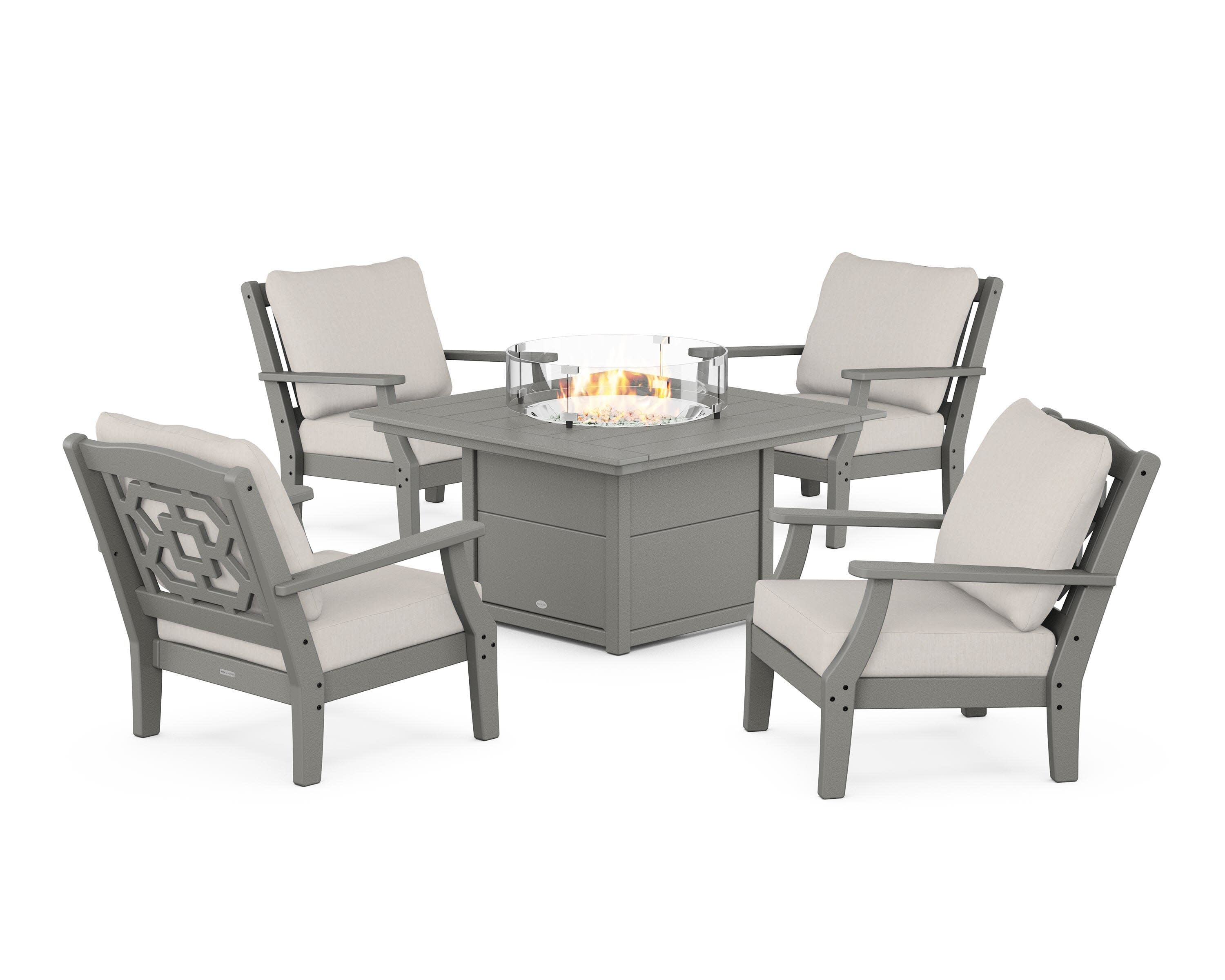 Chinoiserie 5-Piece Deep Seating Set with Fire Pit Table in Slate Grey / Cast Ash