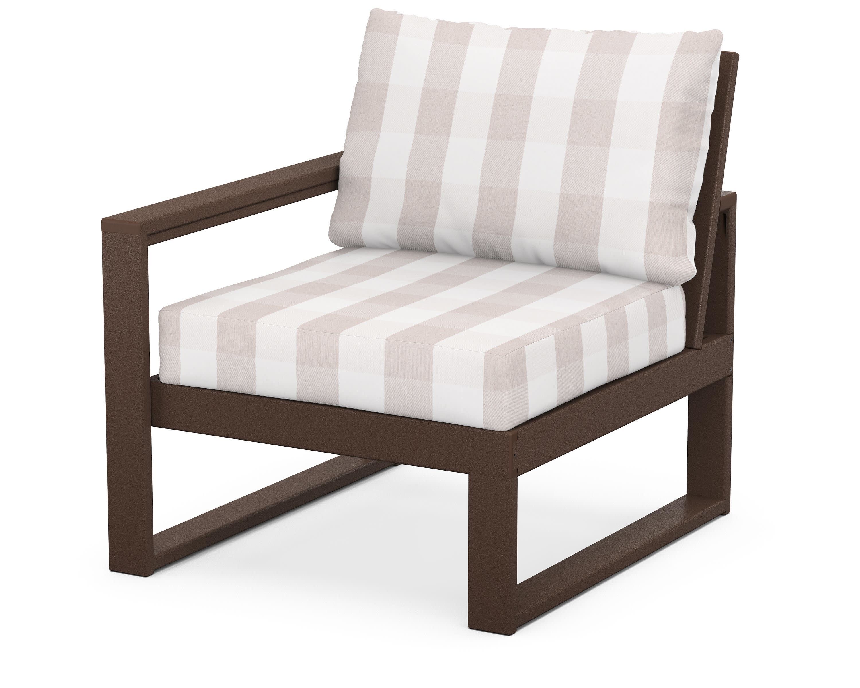 EDGE Modular Left Arm Chair in Mahogany / Buffalo Plaid Dune Burlap