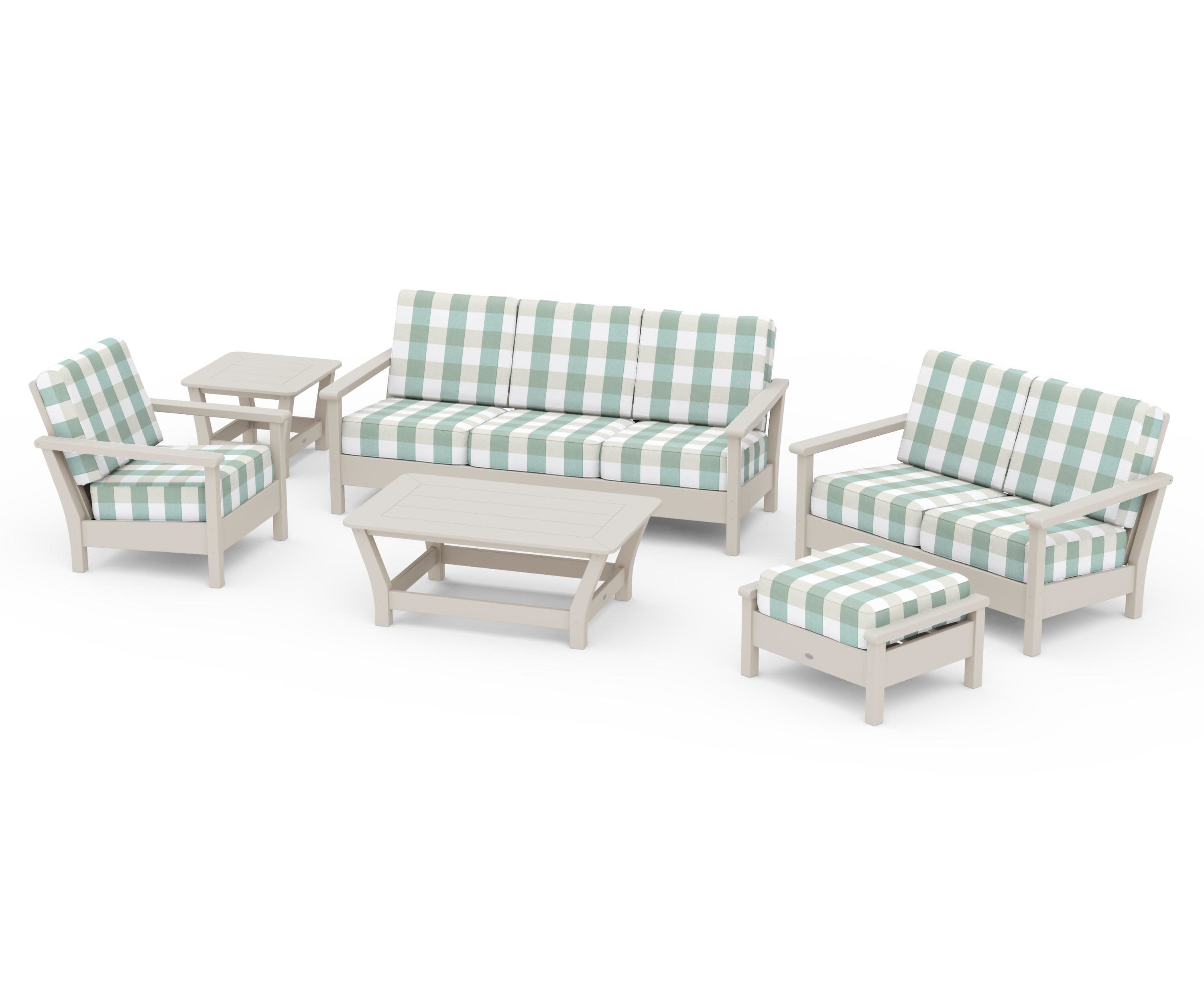 Harbour 6-Piece Outdoor Living Set in Sand / Buffalo Plaid Glacier Spa