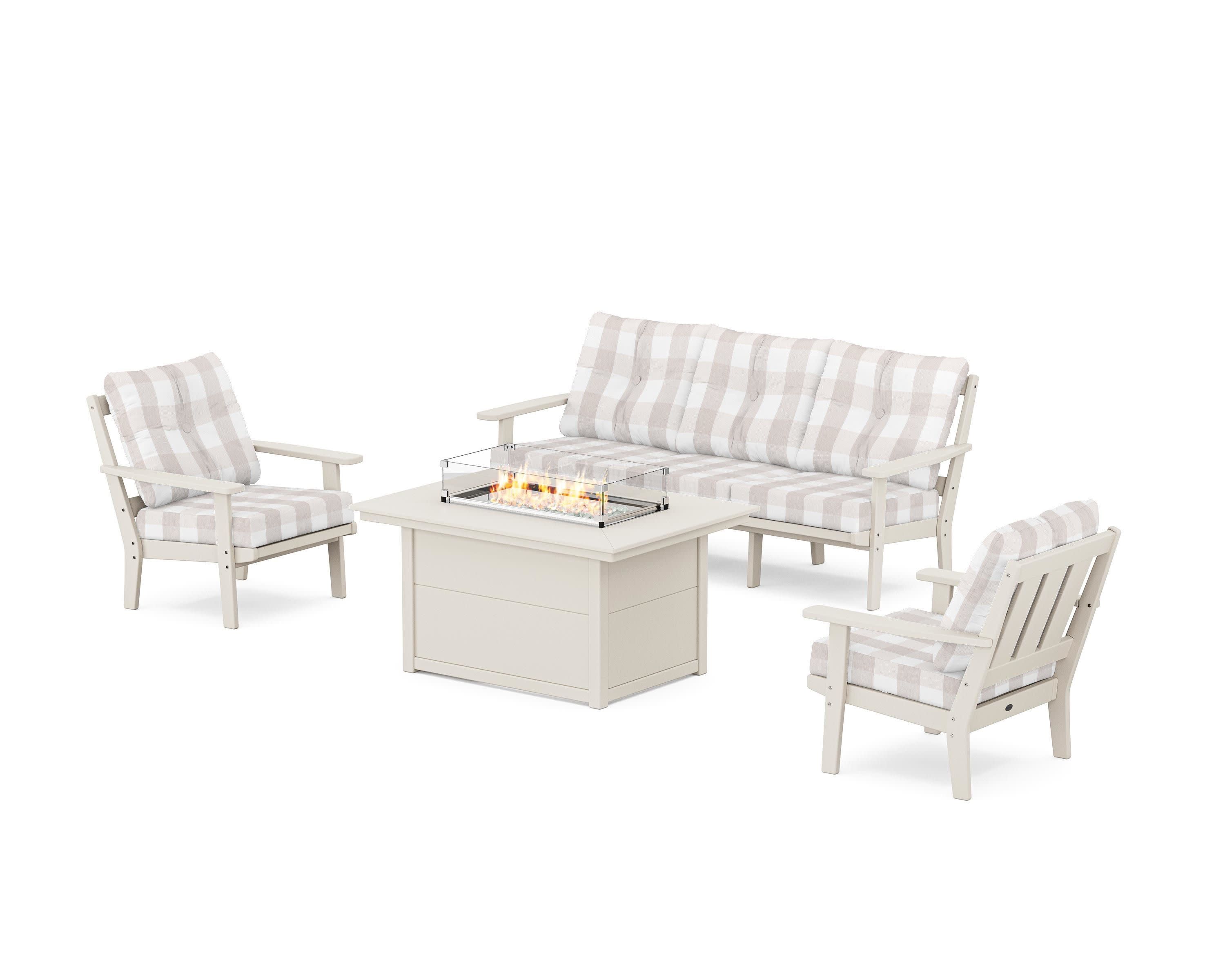 Oxford Deep Seating Fire Pit Table Set in Sand / Buffalo Plaid Dune Burlap