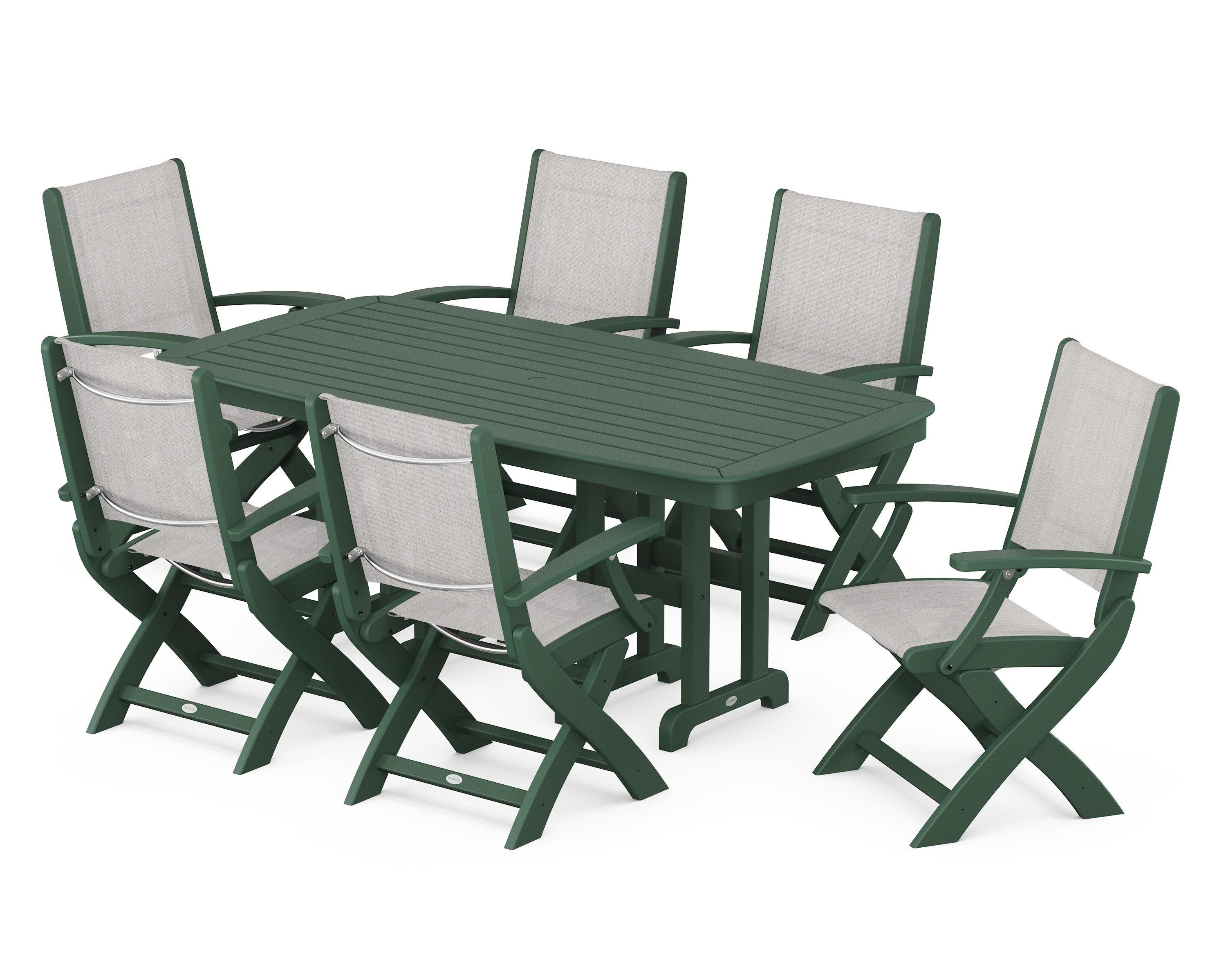Coastal Folding Arm Chair 7-Piece Dining Set in Green / Parchment Sling
