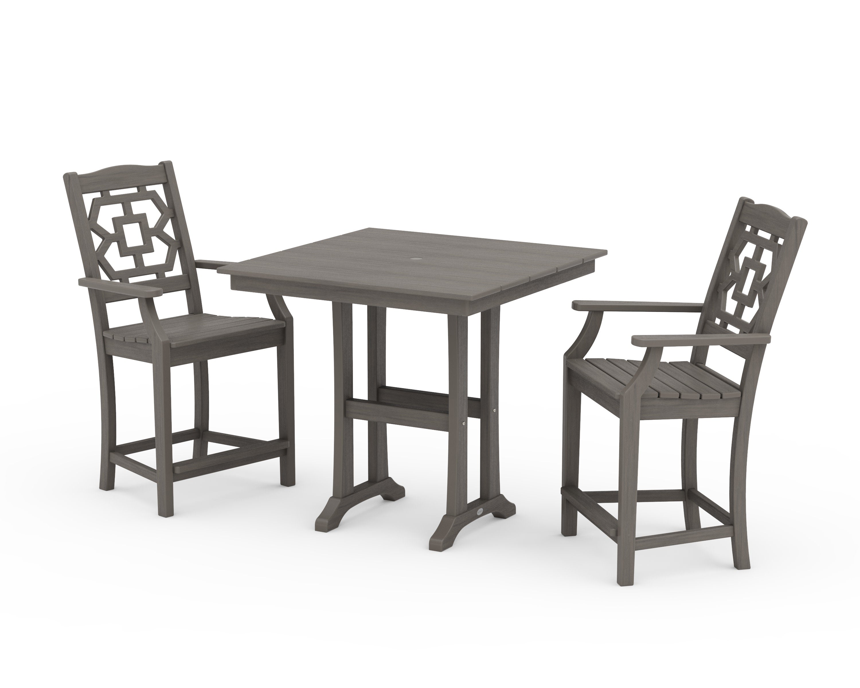 Chinoiserie 3-Piece Farmhouse Counter Set with Trestle Legs in Driftwood