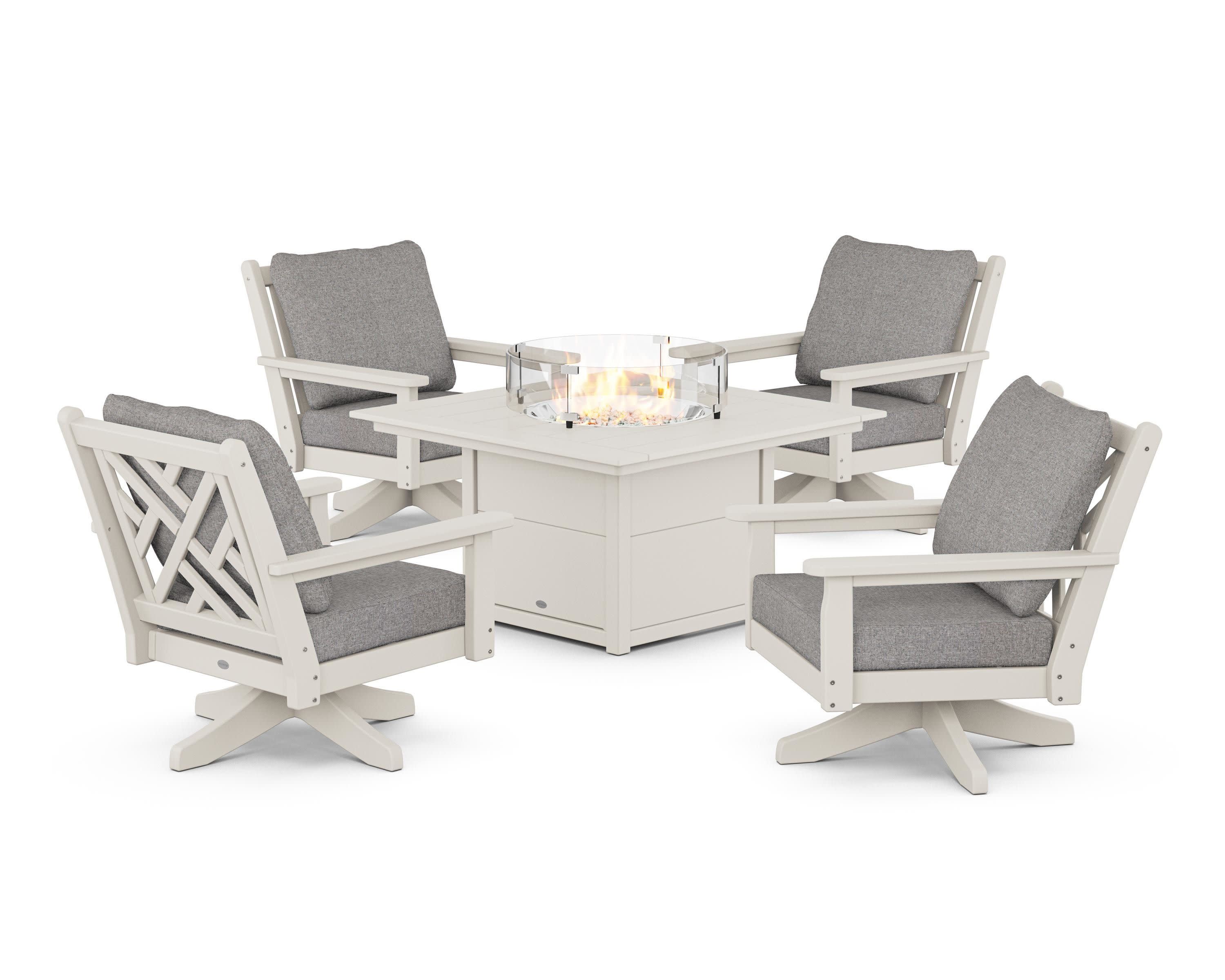 Chippendale 5-Piece Deep Seating Swivel Conversation Set with Fire Pit Table in Sand / Grey Mist